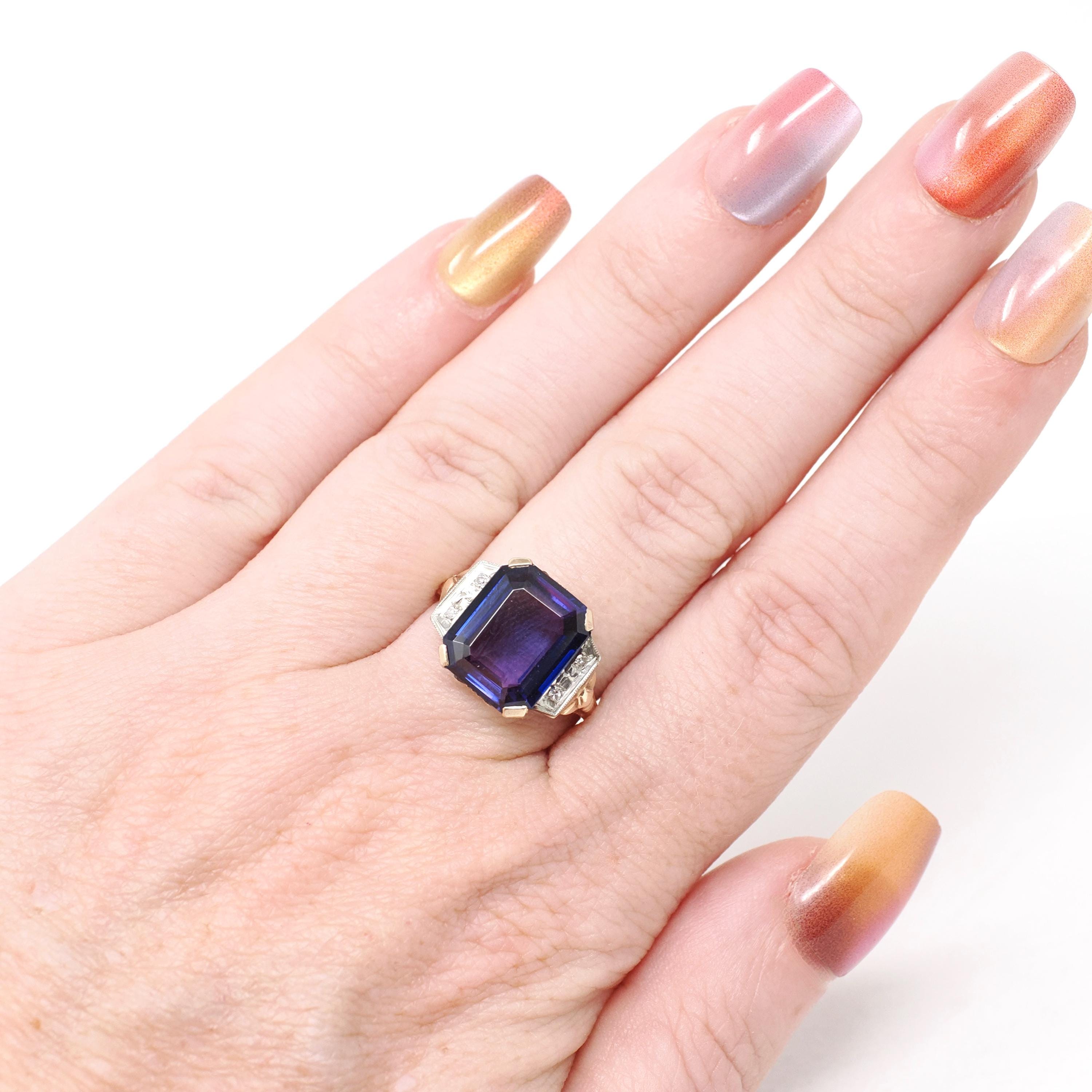 Created Color Change Sapphire Ring - Mid Century 10k Yellow & White Gold Natural Purple Gemstone - Vintage 1940s Era Size 6 Fine 40s Jewelry