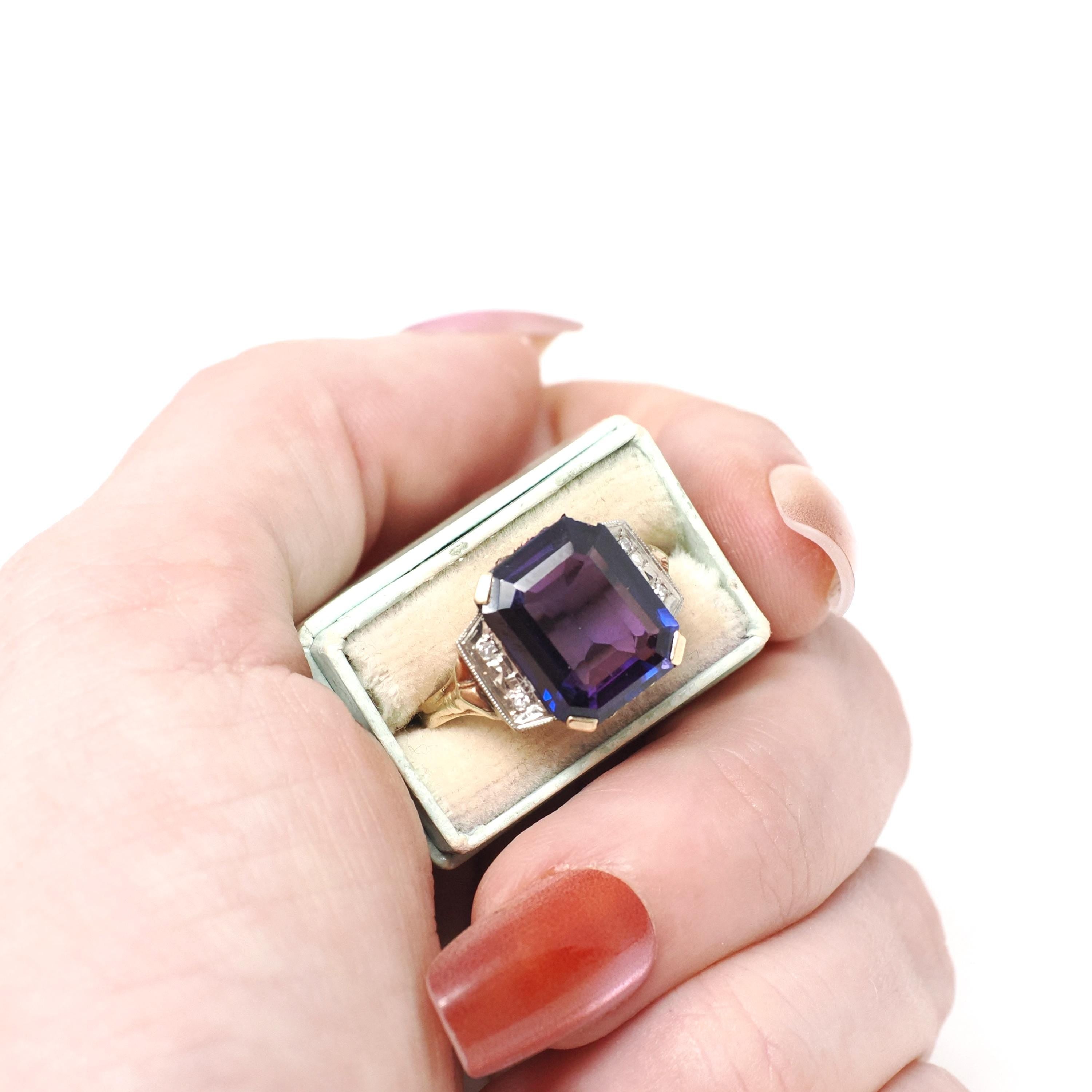 Created Color Change Sapphire Ring - Mid Century 10k Yellow & White Gold Natural Purple Gemstone - Vintage 1940s Era Size 6 Fine 40s Jewelry
