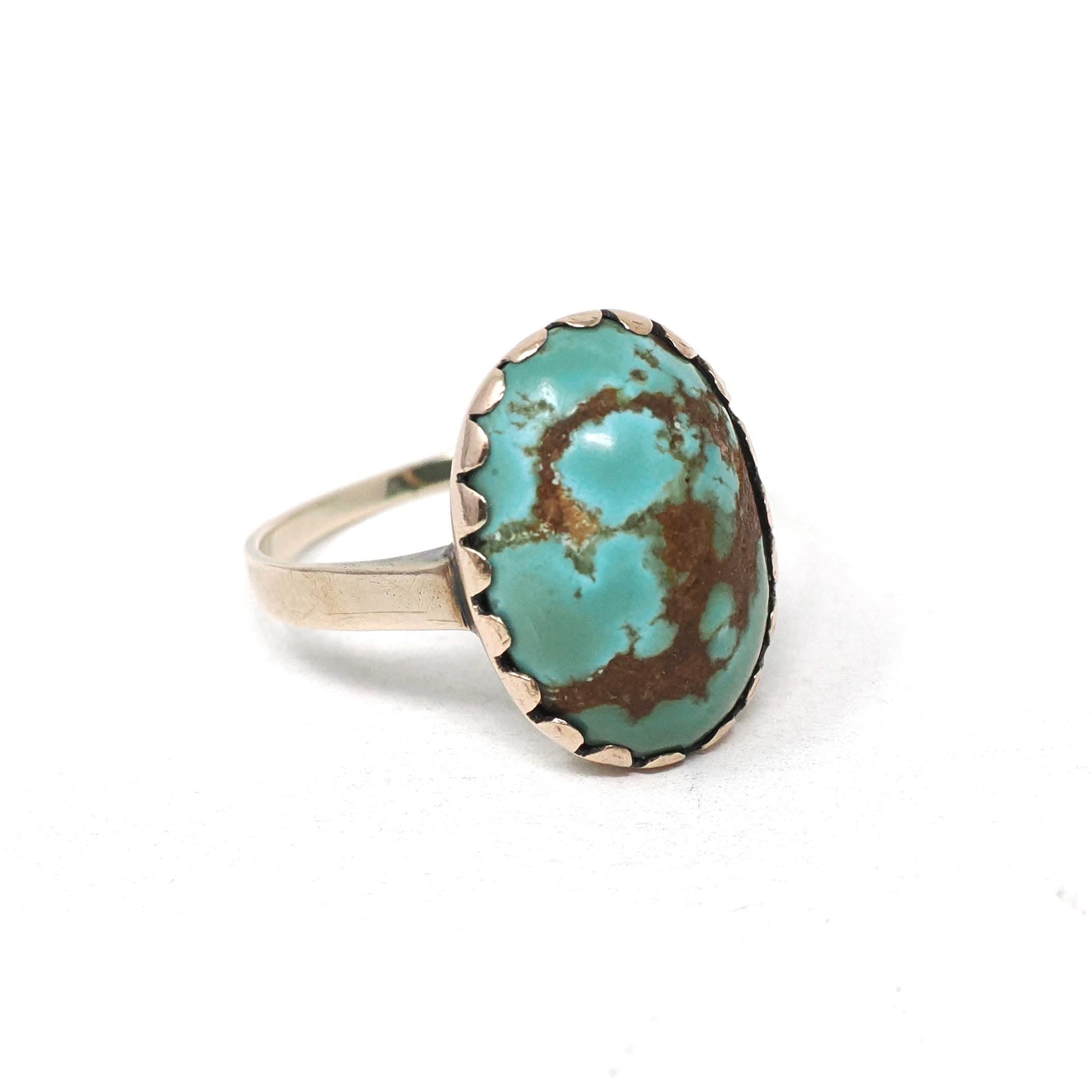 Vintage Turquoise Ring - Mid Century 10k Yellow Gold Oval Cabochon Blue Natural Gemstone - Circa 1960s Era Size 6 1/2 Statement Fine Jewelry