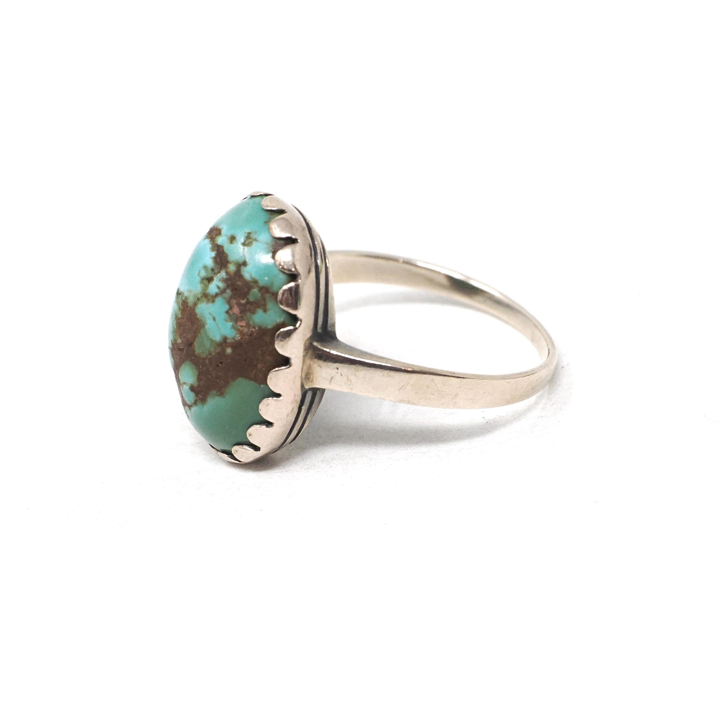 Vintage Turquoise Ring - Mid Century 10k Yellow Gold Oval Cabochon Blue Natural Gemstone - Circa 1960s Era Size 6 1/2 Statement Fine Jewelry