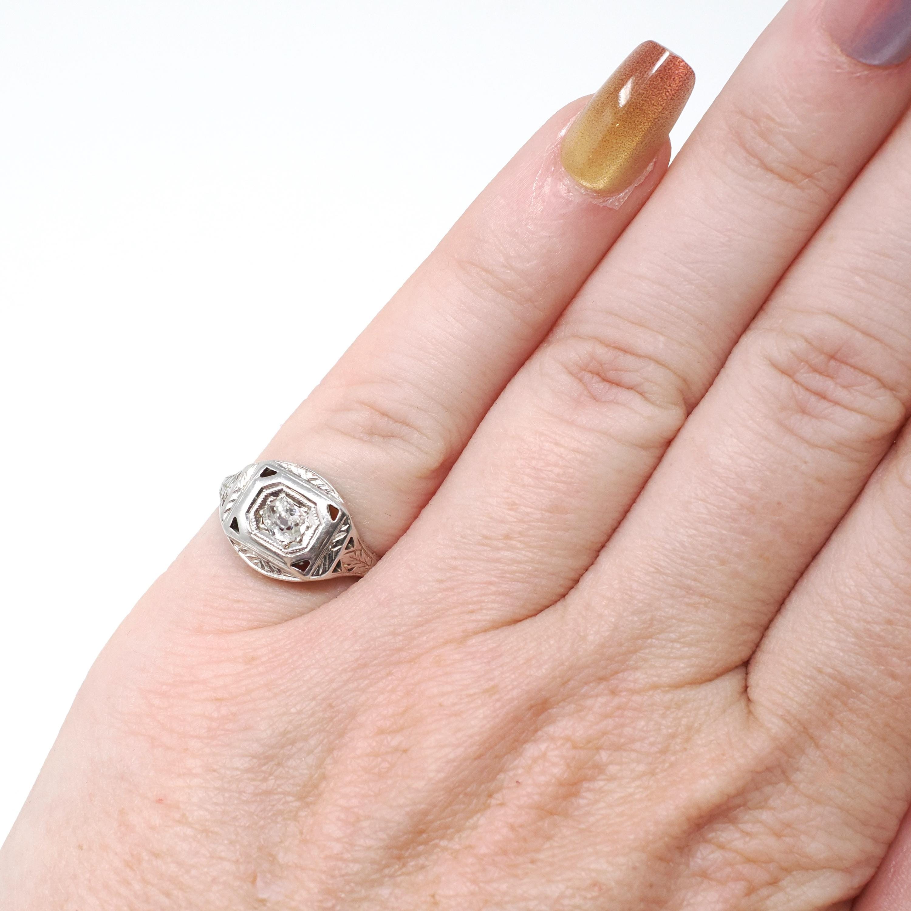 Old Mine Cut Diamond Ring - Art Deco Era 14k White Gold .20 CT Natural Gem - Vintage Circa 1930s Size 3.5 Engraved Fine Bridal Jewelry