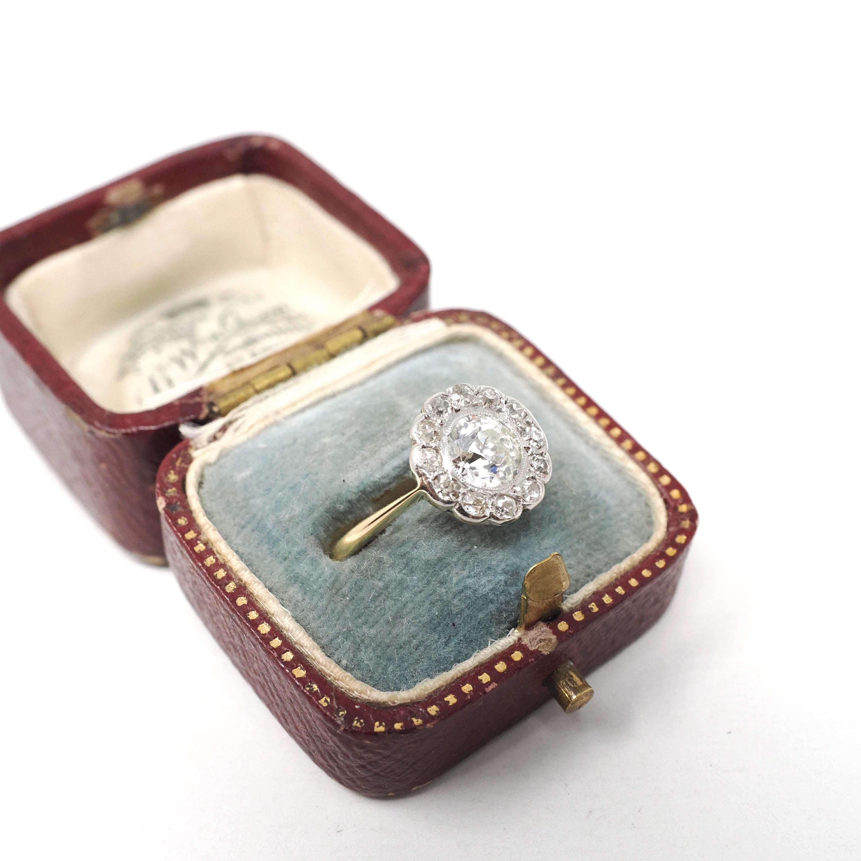 Antique Diamond Flower Ring - Edwardian Era 18k Yellow Gold Platinum 1.07 CTW Natural Gems - Circa 1910s Size 6.5 Two Tone Halo Fine Jewelry