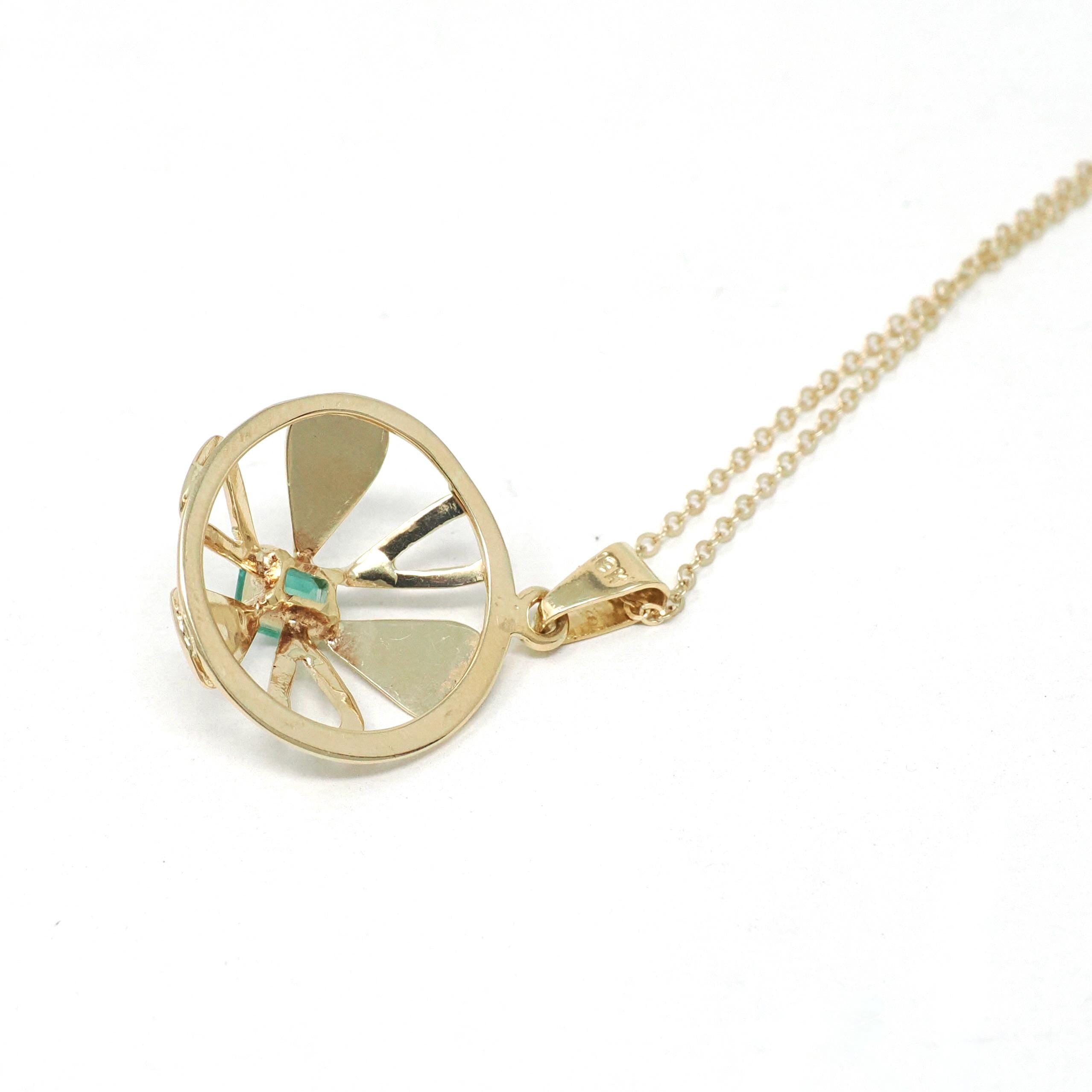 Emerald Flower Pendant - Modern 18k Yellow Gold Natural .30 CT Emerald Cut Natural Emerald Gem - Circa 1980s Petite Medallion Fine Jewelry