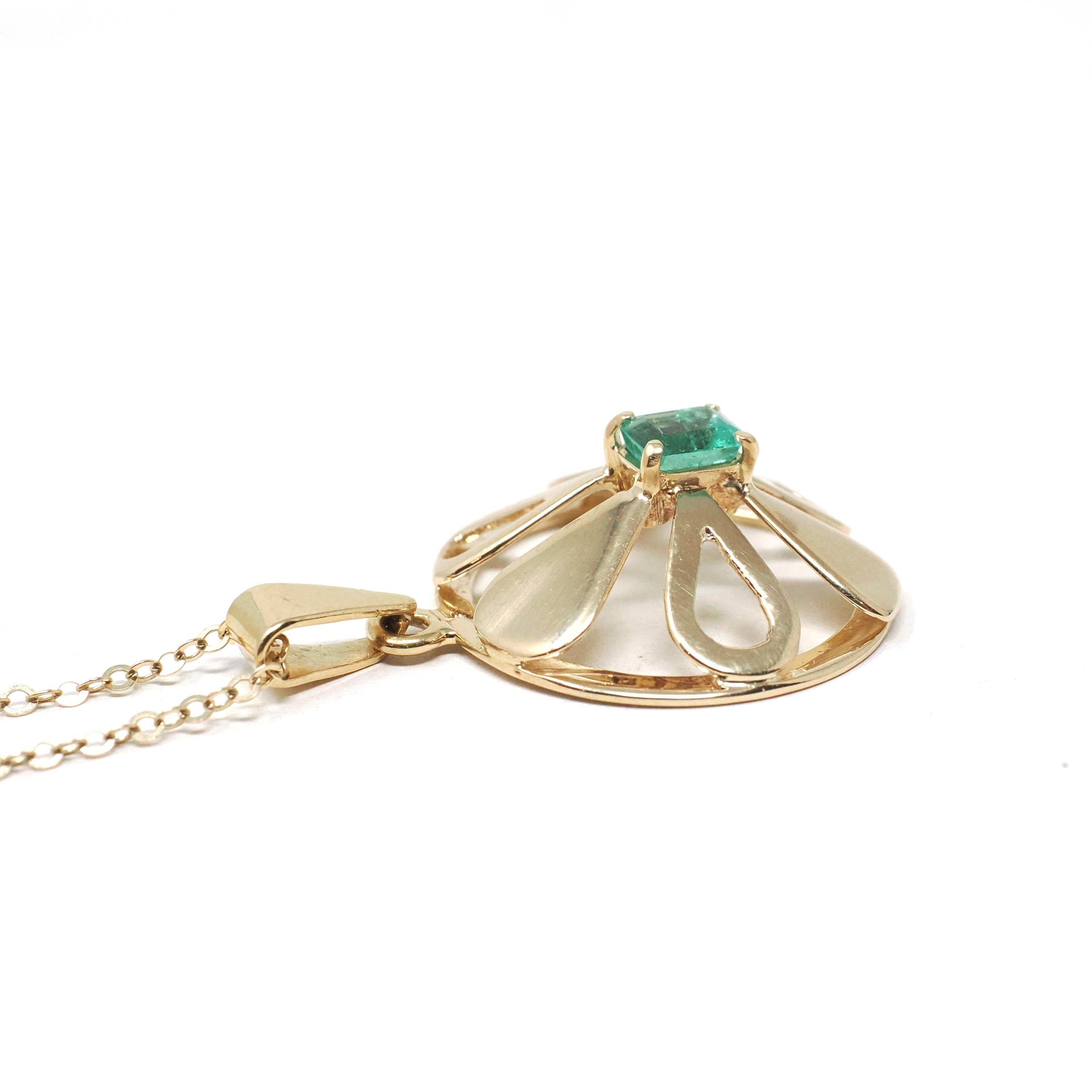 Emerald Flower Pendant - Modern 18k Yellow Gold Natural .30 CT Emerald Cut Natural Emerald Gem - Circa 1980s Petite Medallion Fine Jewelry