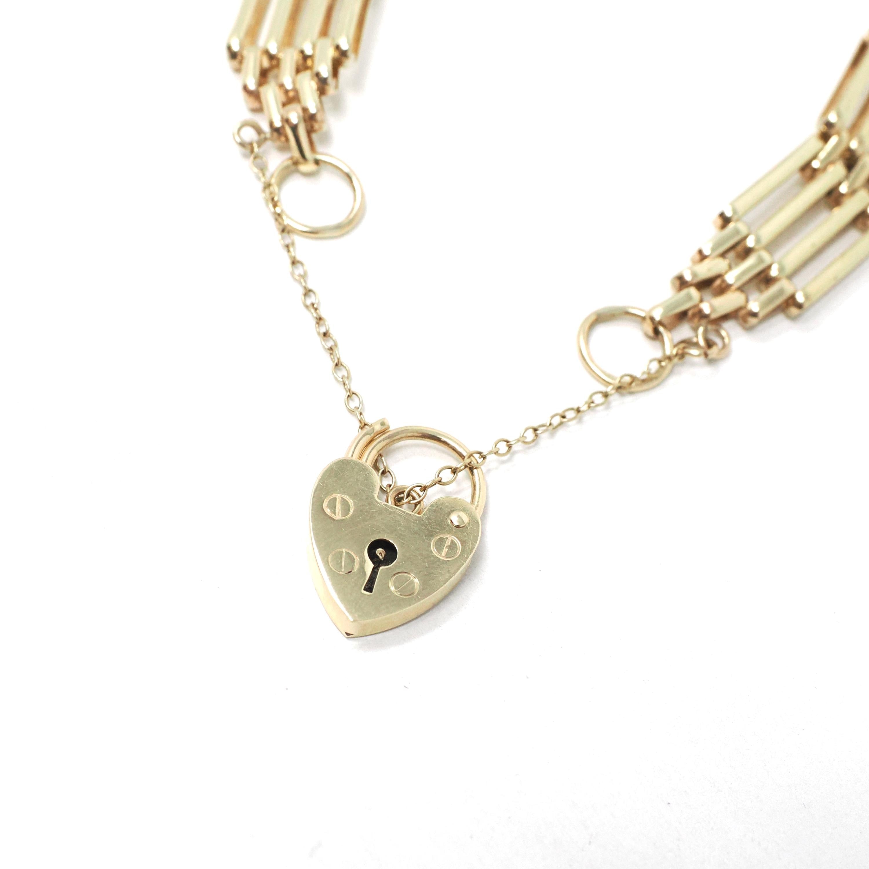 Vintage Padlock Bracelet - Retro Era 9ct Yellow Gold Heart Shaped Key Hole Charm Clasp - Hallmarked 1979 Fancy Link Style Chain Fine Jewelry