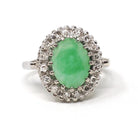 Vintage Jadeite Ring - Mid Century 14k White Gold Natural Green Cabochon Cut Gemstone - Circa 1960s Era Size 6 1/4 Diamond Halo Fine Jewelry