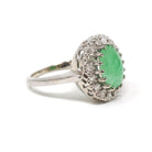 Vintage Jadeite Ring - Mid Century 14k White Gold Natural Green Cabochon Cut Gemstone - Circa 1960s Era Size 6 1/4 Diamond Halo Fine Jewelry