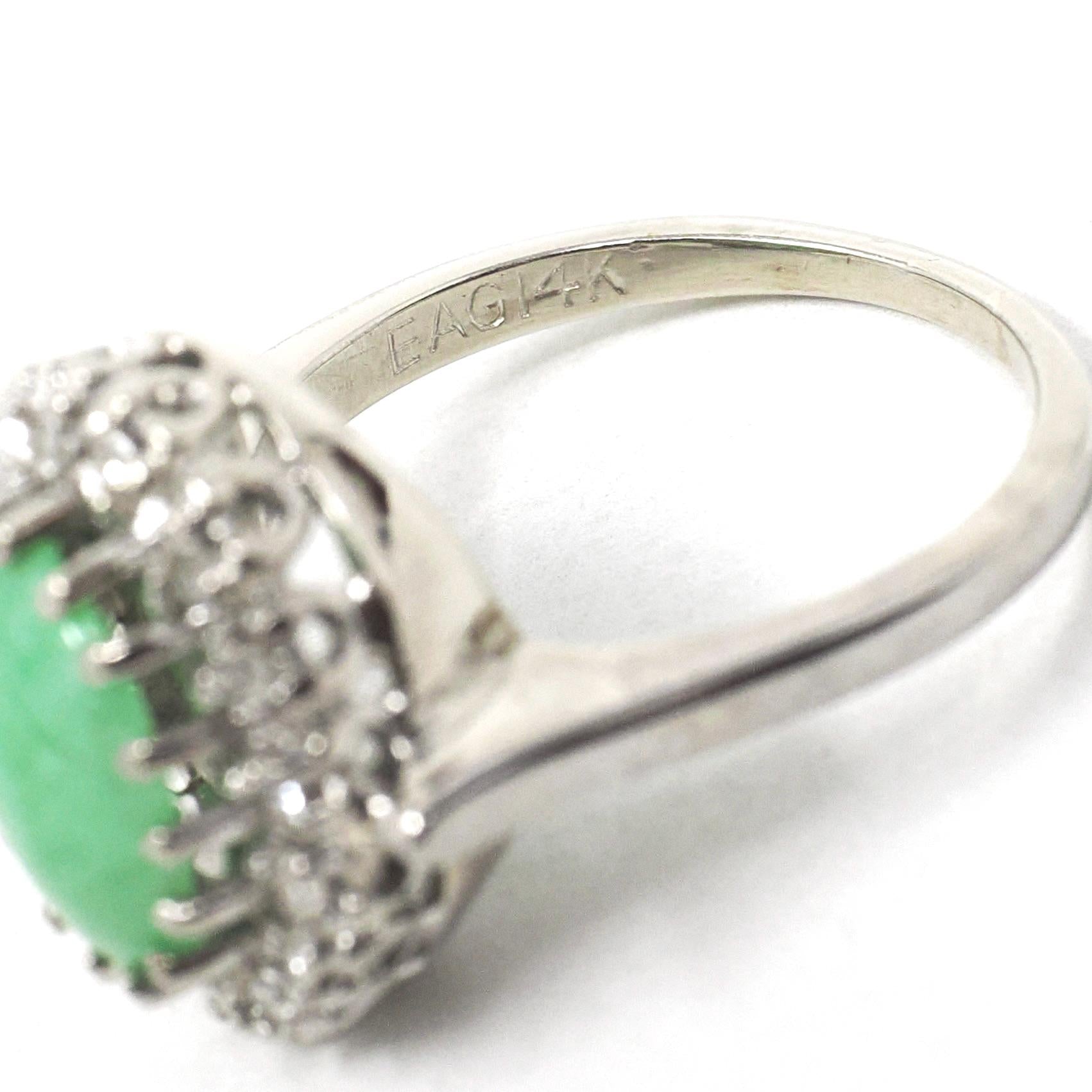 Vintage Jadeite Ring - Mid Century 14k White Gold Natural Green Cabochon Cut Gemstone - Circa 1960s Era Size 6 1/4 Diamond Halo Fine Jewelry