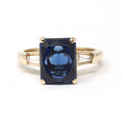 Created Sapphire Ring - Estate 14k Yellow Gold Blue French Cut 3.20 CT Gem - Modern Era Size 7 Diamond .22 CTW Accent Statement Fine Jewelry