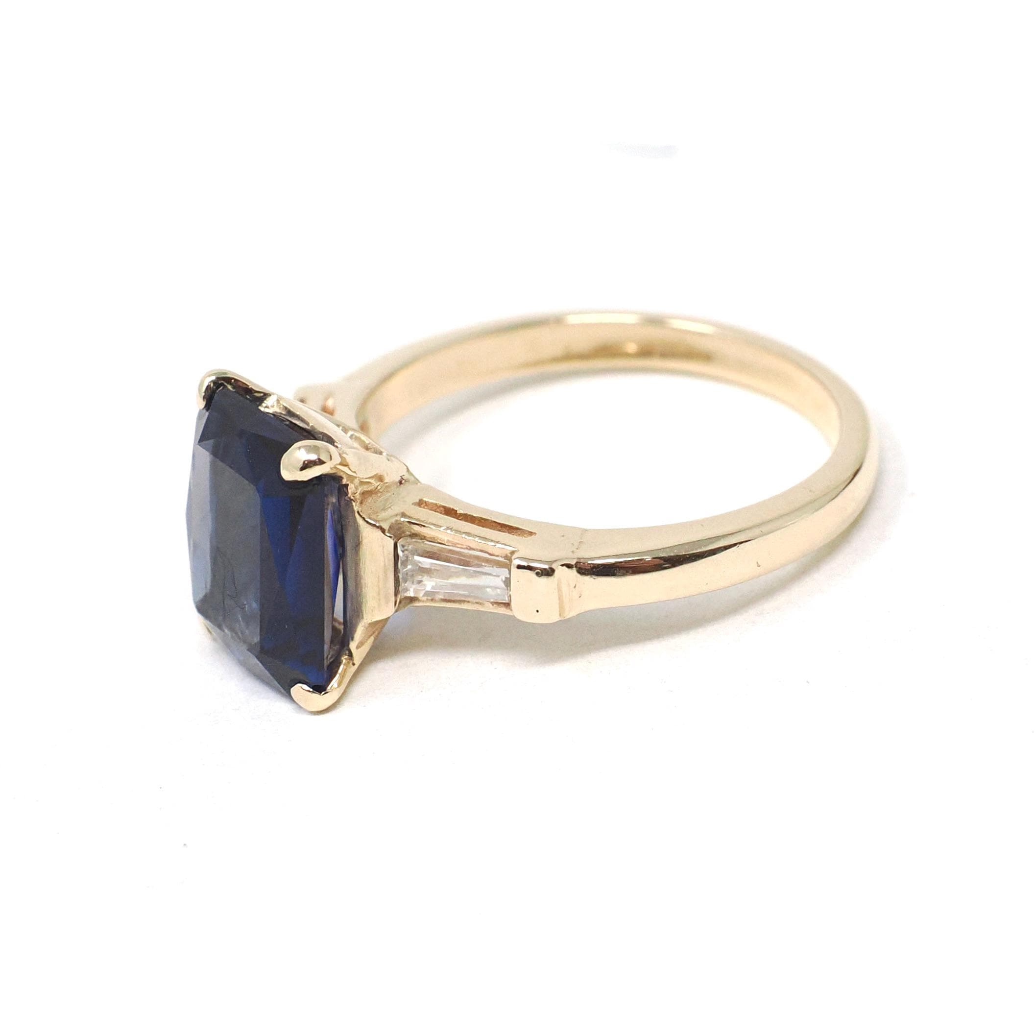 Created Sapphire Ring - Estate 14k Yellow Gold Blue French Cut 3.20 CT Gem - Modern Era Size 7 Diamond .22 CTW Accent Statement Fine Jewelry
