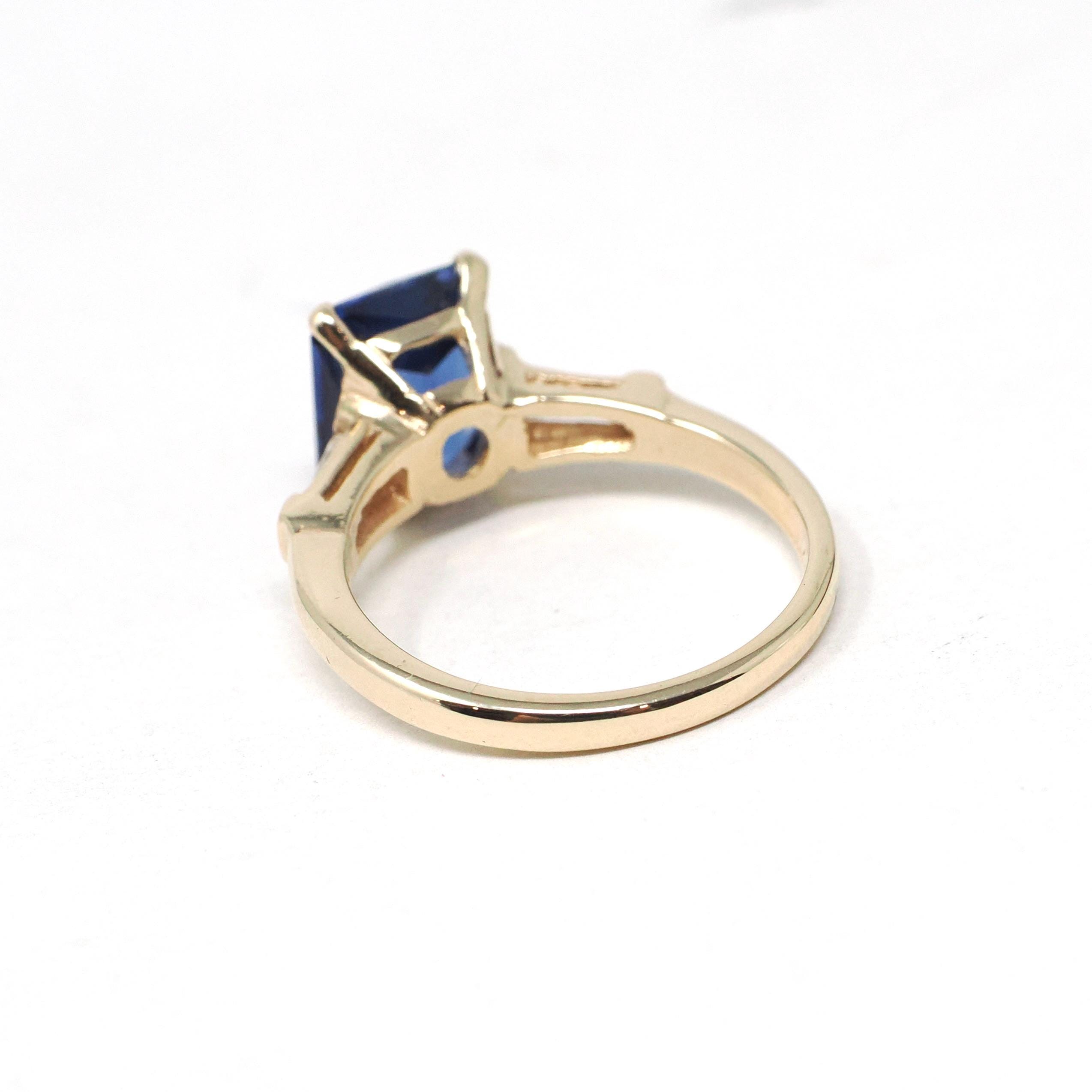 Created Sapphire Ring - Estate 14k Yellow Gold Blue French Cut 3.20 CT Gem - Modern Era Size 7 Diamond .22 CTW Accent Statement Fine Jewelry