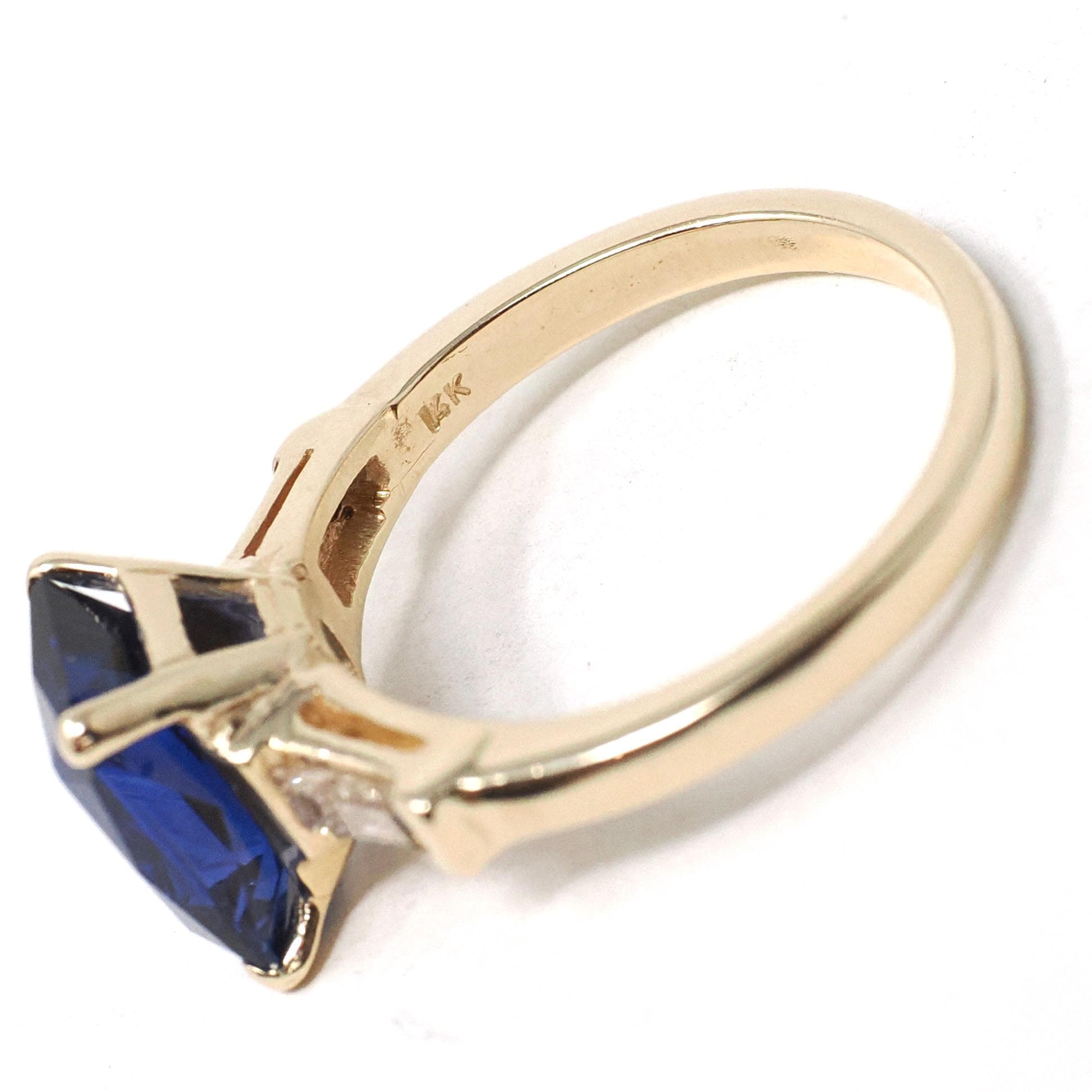 Created Sapphire Ring - Estate 14k Yellow Gold Blue French Cut 3.20 CT Gem - Modern Era Size 7 Diamond .22 CTW Accent Statement Fine Jewelry
