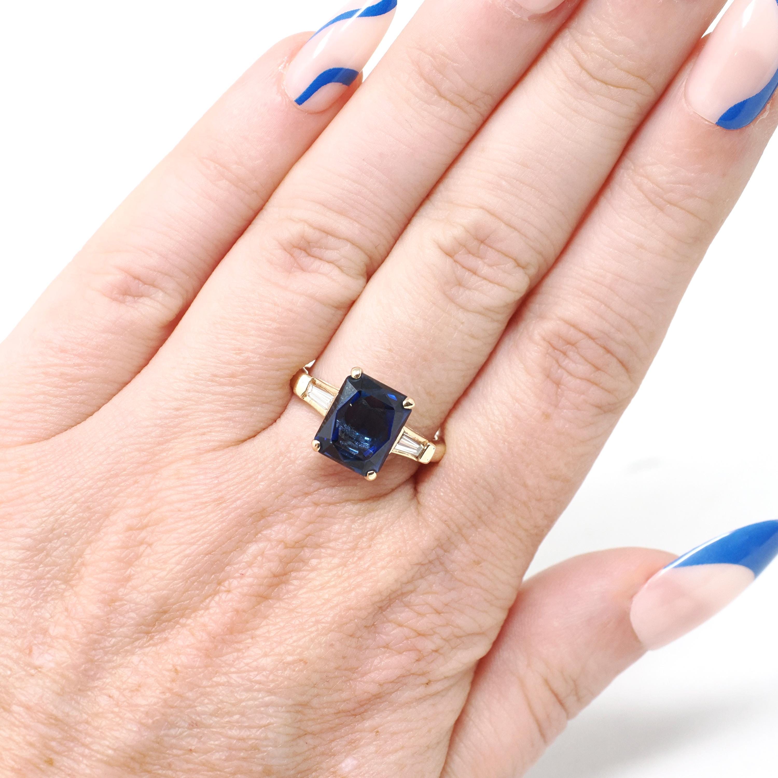 Created Sapphire Ring - Estate 14k Yellow Gold Blue French Cut 3.20 CT Gem - Modern Era Size 7 Diamond .22 CTW Accent Statement Fine Jewelry