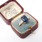 Created Sapphire Ring - Estate 14k Yellow Gold Blue French Cut 3.20 CT Gem - Modern Era Size 7 Diamond .22 CTW Accent Statement Fine Jewelry
