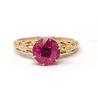 Created Ruby Ring - Art Deco 10k Yellow Gold Round Reddish Pink Filigree Solitaire - Circa 1930s Era Size 5 1/2 July Birthstone Fine Jewelry