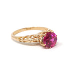 Created Ruby Ring - Art Deco 10k Yellow Gold Round Reddish Pink Filigree Solitaire - Circa 1930s Era Size 5 1/2 July Birthstone Fine Jewelry