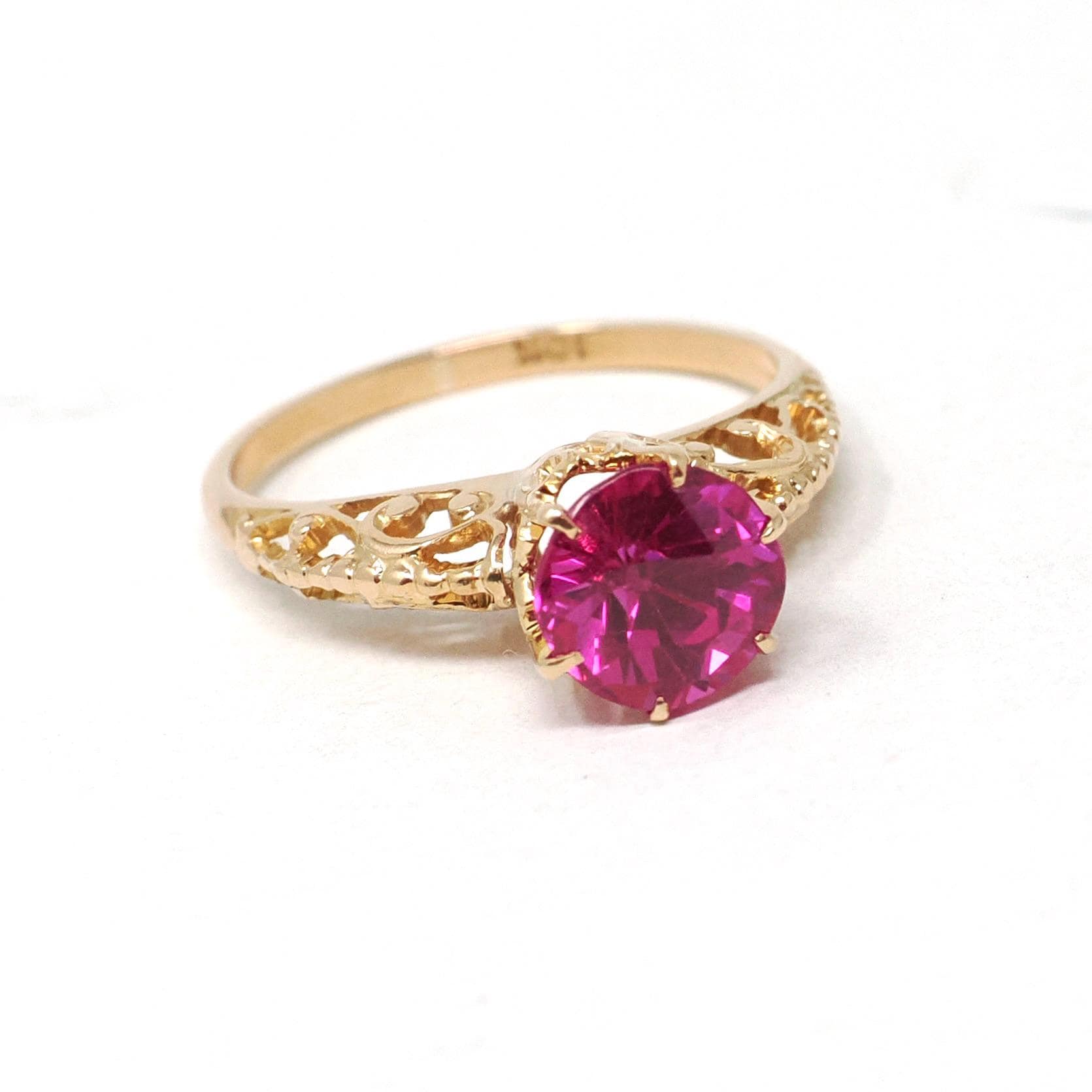 Created Ruby Ring - Art Deco 10k Yellow Gold Round Reddish Pink Filigree Solitaire - Circa 1930s Era Size 5 1/2 July Birthstone Fine Jewelry