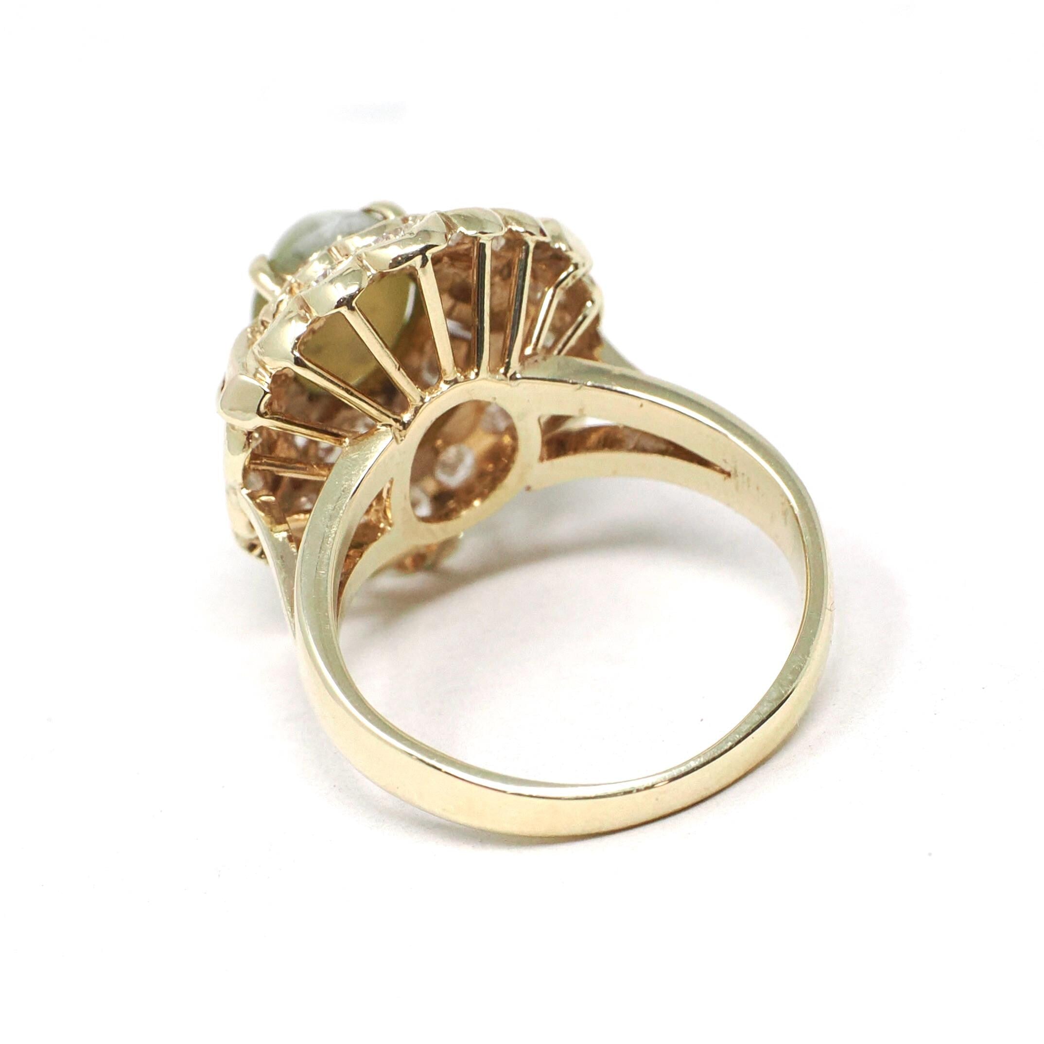 Chrysoberyl Halo Ring - Modern 14k Yellow Gold Green Cat's Eye Gem & Diamond Accents - Estate Circa 1990s Size 4 1/2 Fine Statement Jewelry