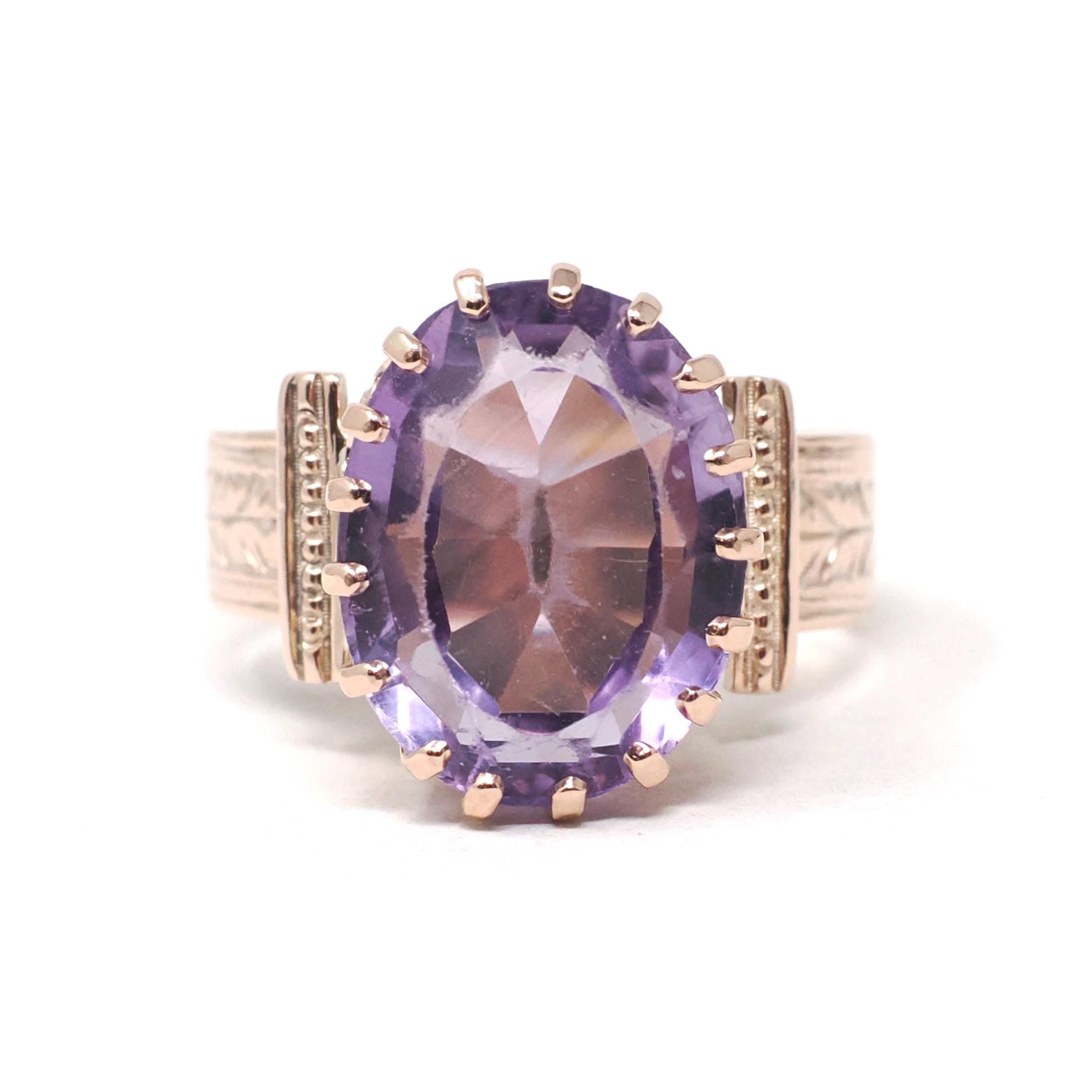 Victorian Amethyst Ring - Antique 10k Rosy Yellow Gold Purple 5.17 CT Gemstone - Late 1800s Era Size 6 3/4 February Birthstone Fine Jewelry