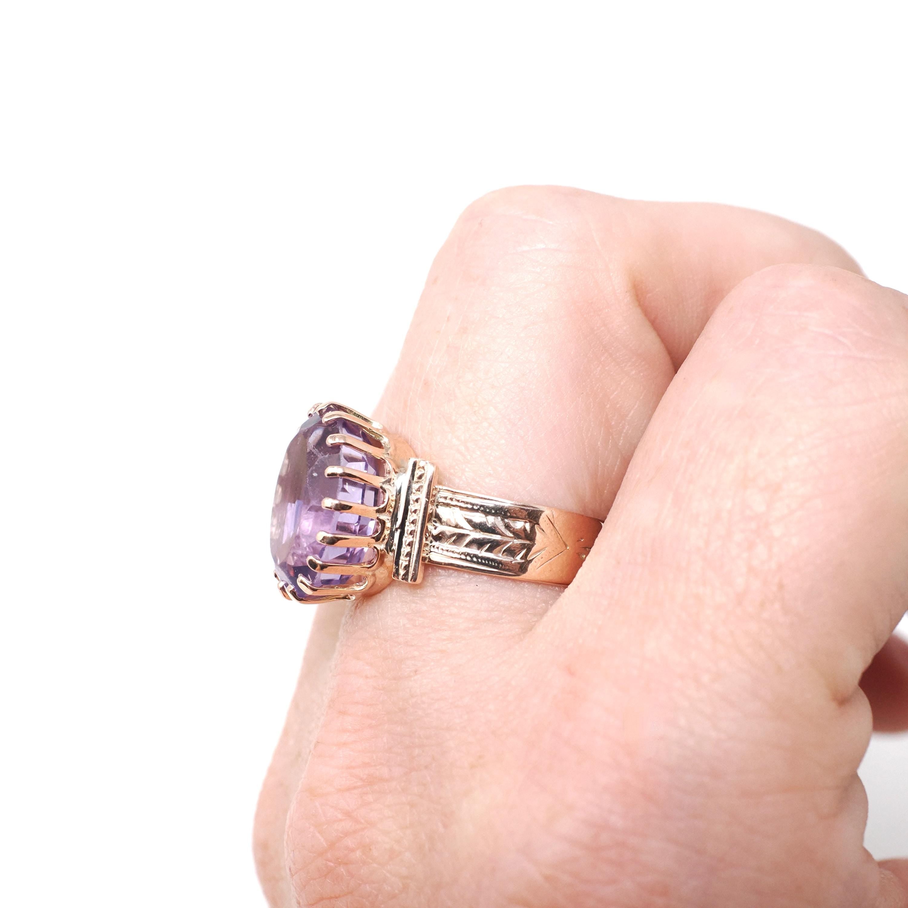 Victorian Amethyst Ring - Antique 10k Rosy Yellow Gold Purple 5.17 CT Gemstone - Late 1800s Era Size 6 3/4 February Birthstone Fine Jewelry