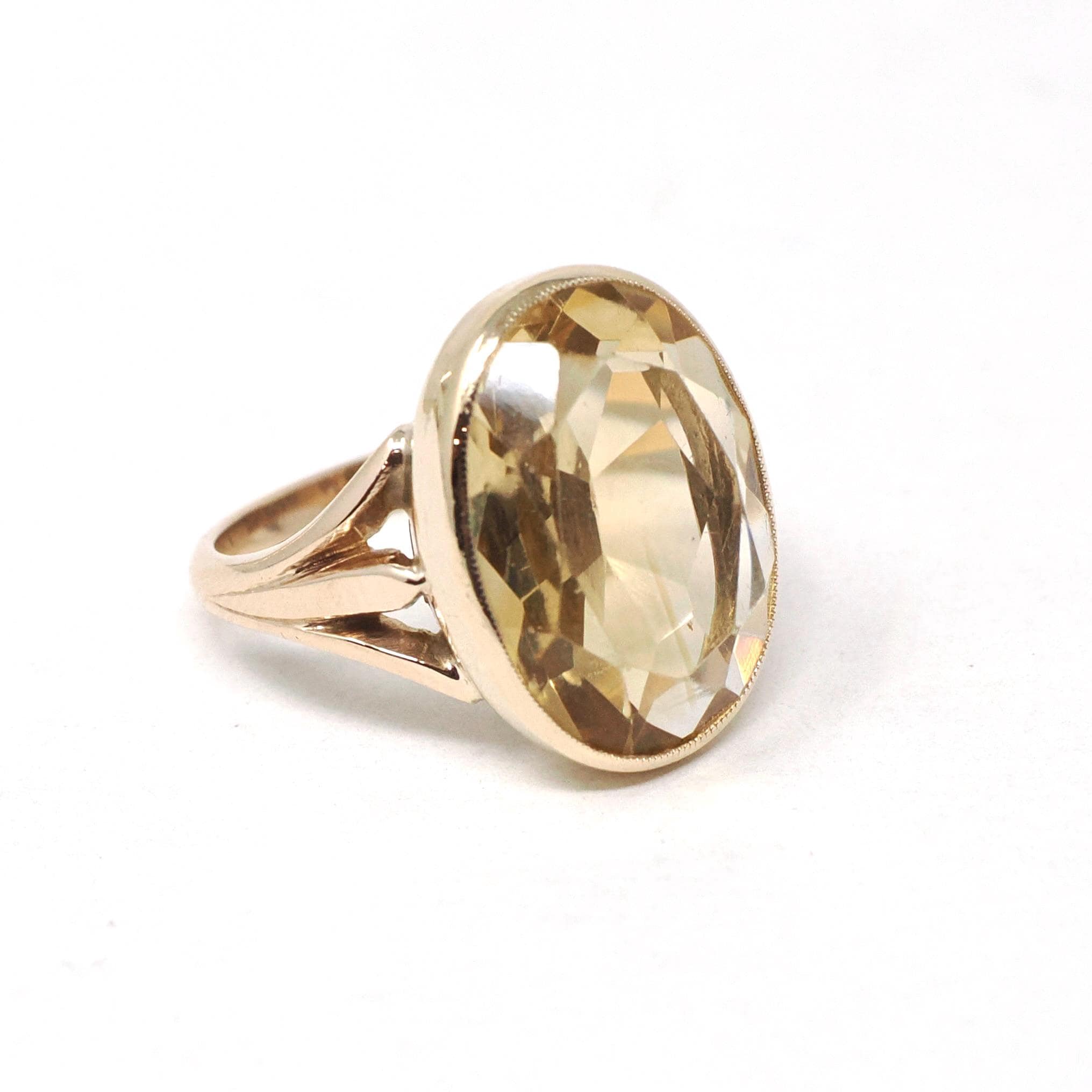 Antique Citrine Ring - Edwardian 10k Yellow Gold Natural Yellow Oval Bezel Gemstone Solitaire - Vintage Early 1900s Era Size 4 Fine Jewelry