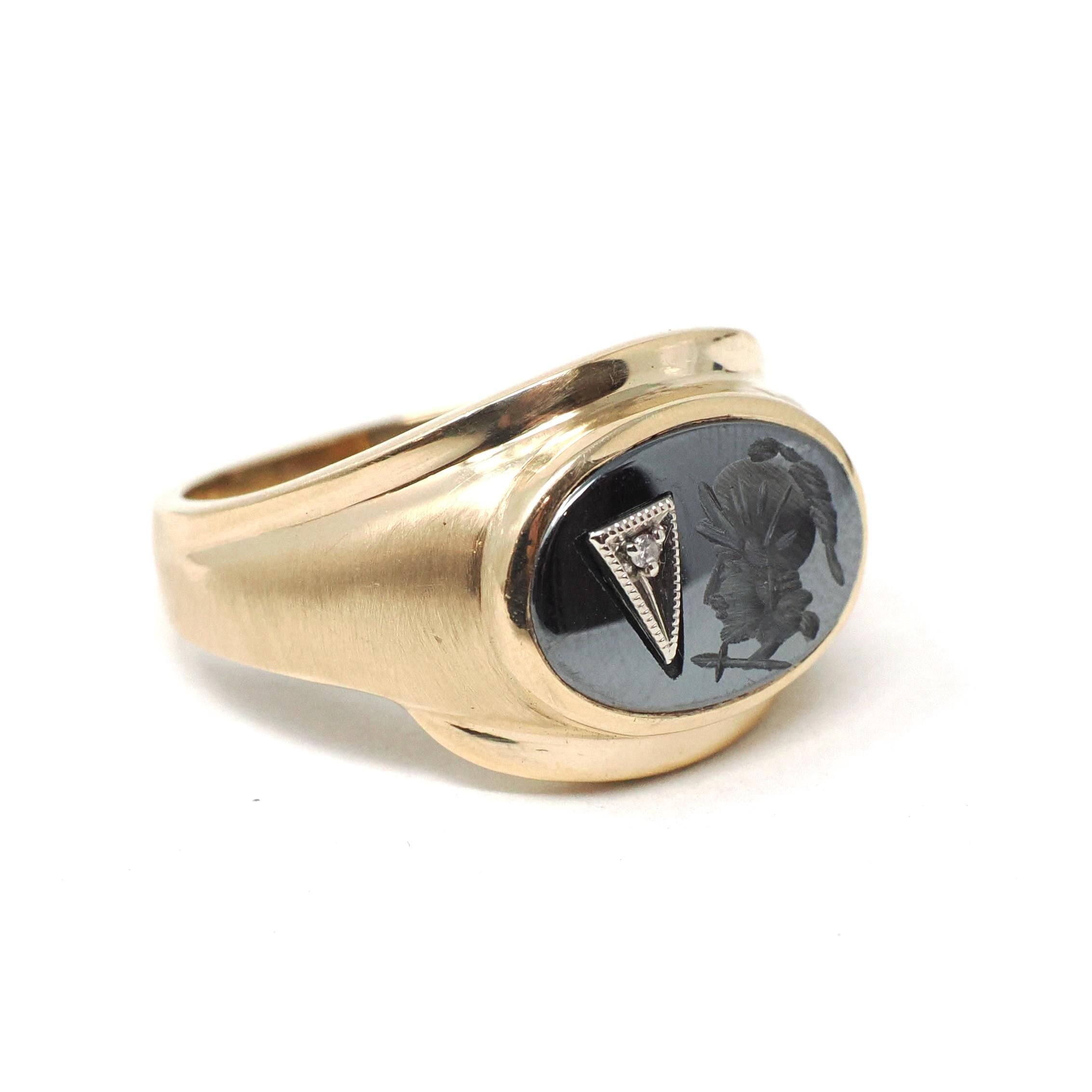 Vintage Hematite Ring - Mid Century 10k Yellow Gold Carved Intaglio Gray Warrior Gem - Circa 1940s Era Size 10 Diamond Accent Fine Jewelry