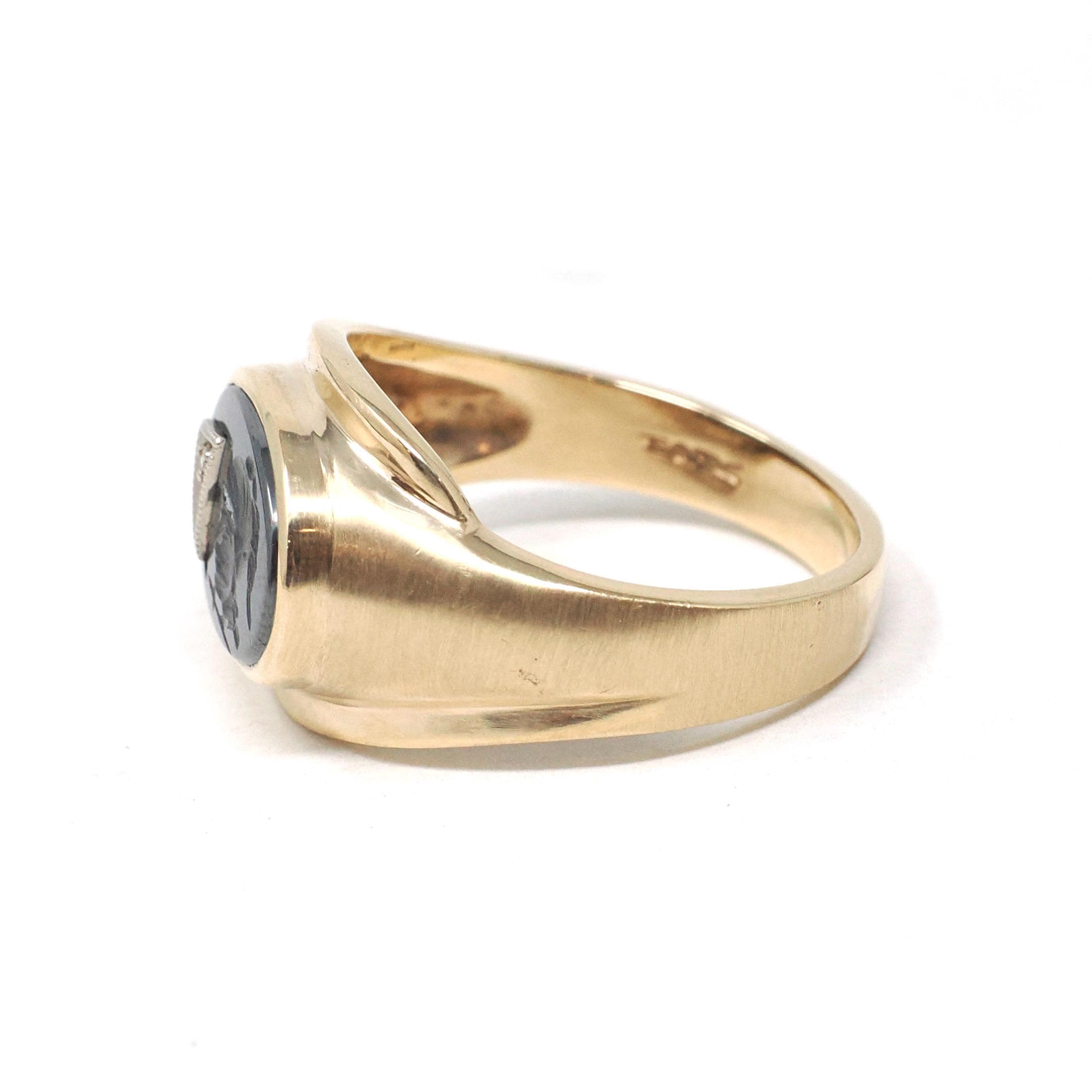 Vintage Hematite Ring - Mid Century 10k Yellow Gold Carved Intaglio Gray Warrior Gem - Circa 1940s Era Size 10 Diamond Accent Fine Jewelry