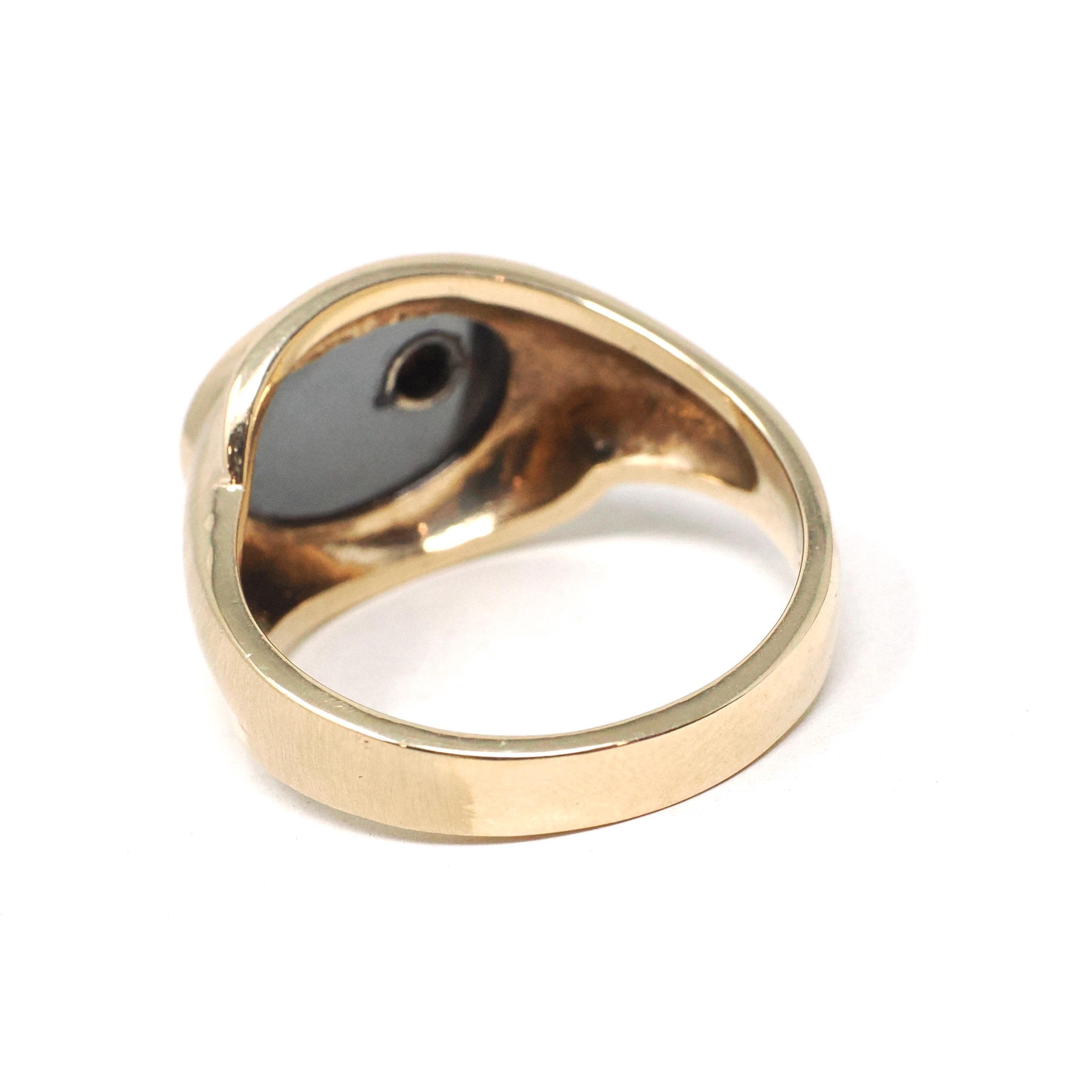 Vintage Hematite Ring - Mid Century 10k Yellow Gold Carved Intaglio Gray Warrior Gem - Circa 1940s Era Size 10 Diamond Accent Fine Jewelry