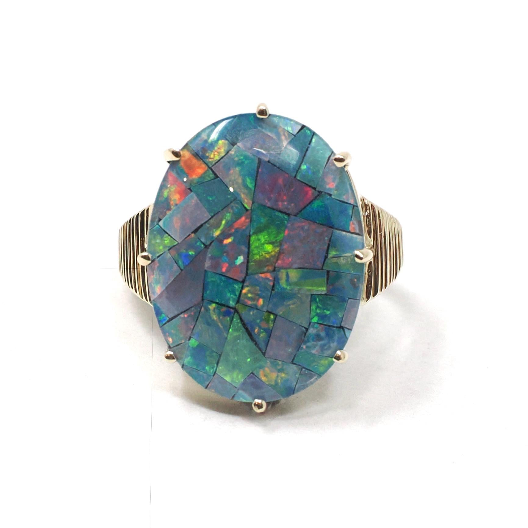 Vintage Opal Triplet Ring - Estate 10k Yellow Gold Oval Prong Set Blue Green Gem Statement - Modern Size 7 3/4 Rainbow Colorful Fine Jewelry