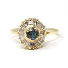 Vintage Ballerina Halo Ring - Estate 18k Yellow Gold Natural Baguette Diamond Blue Sapphire Cluster - Modern 1980s Engagement Fine Jewelry