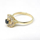 Vintage Ballerina Halo Ring - Estate 18k Yellow Gold Natural Baguette Diamond Blue Sapphire Cluster - Modern 1980s Engagement Fine Jewelry