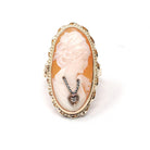 Vintage Cameo Habillé Ring - Mid Century 14k Yellow Gold Natural Diamond - Circa 1960s Era Size 6 Carved Shell Woman's Portrait Fine Jewelry