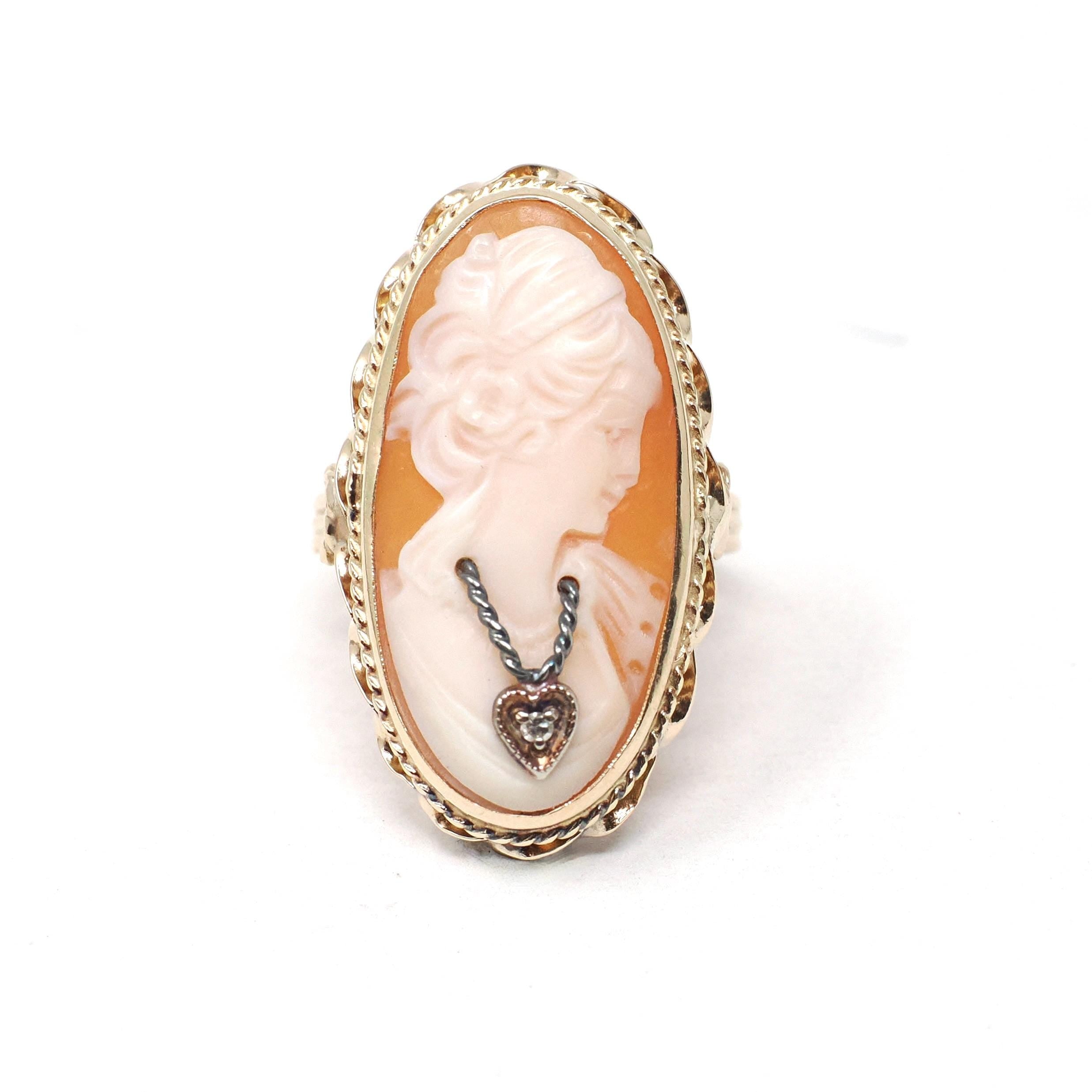 Vintage Cameo Habillé Ring - Mid Century 14k Yellow Gold Natural Diamond - Circa 1960s Era Size 6 Carved Shell Woman's Portrait Fine Jewelry
