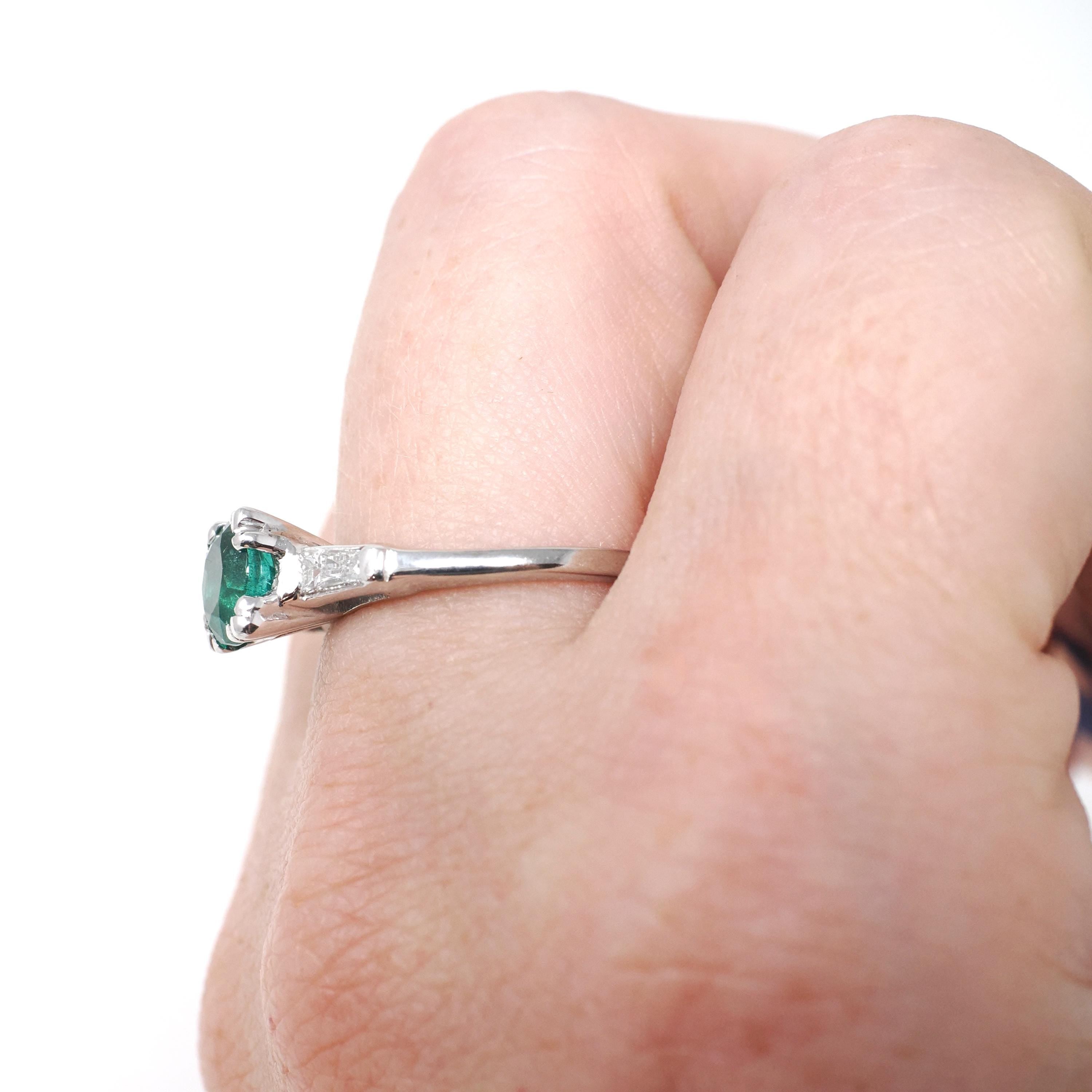 Vintage Emerald & Diamond Ring - Mid Century Platinum Natural Green Gemstone Engagement - Circa 1960s Era Size 7 1/4 Solitaire Fine Jewelry
