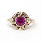 Vintage Created Ruby Ring - Mid Century 10k Yellow Rose Gold Round Target Statement Circa 1940s Size 5 1/2 Two Tone July Birthstone Jewelry