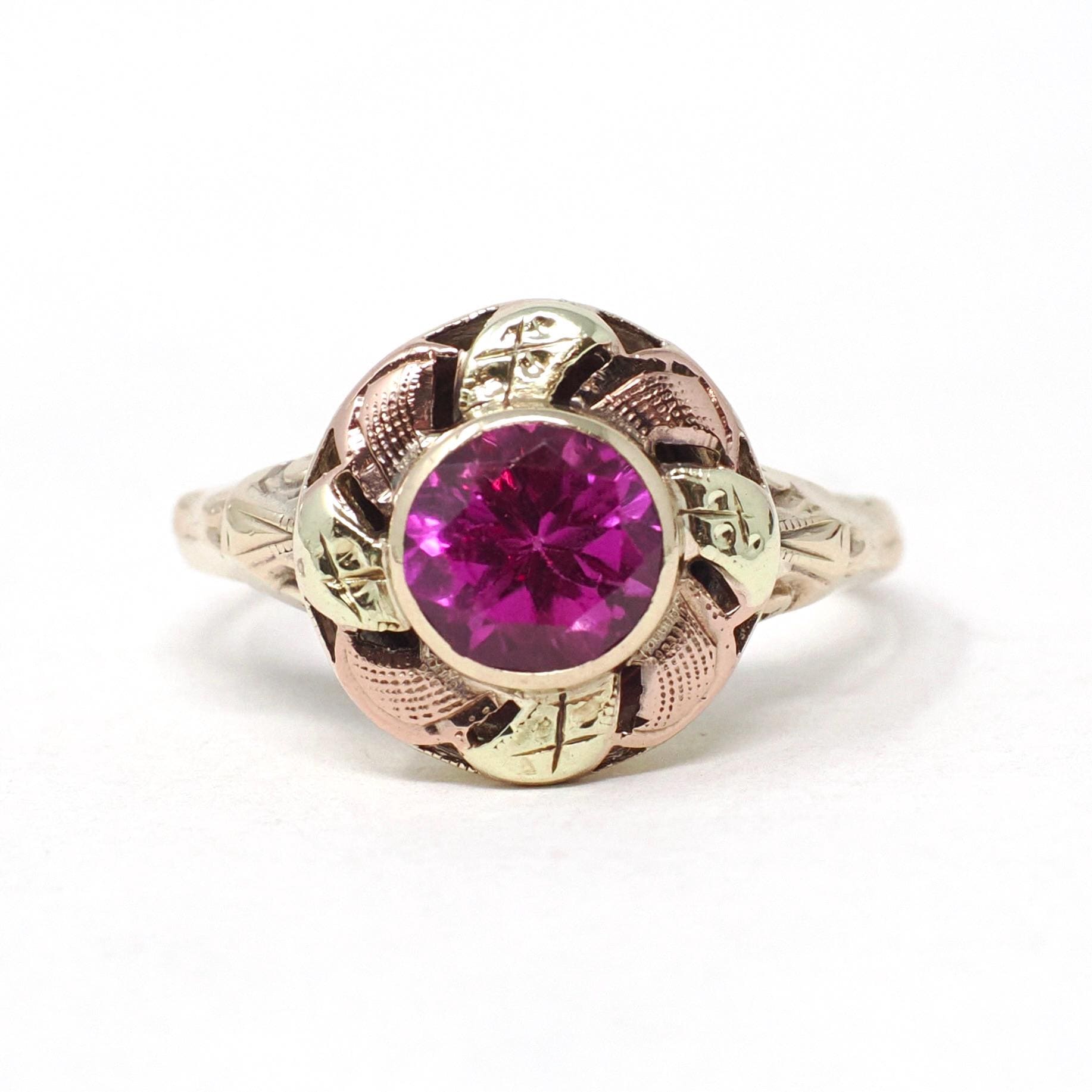 Vintage Created Ruby Ring - Mid Century 10k Yellow Rose Gold Round Target Statement Circa 1940s Size 5 1/2 Two Tone July Birthstone Jewelry