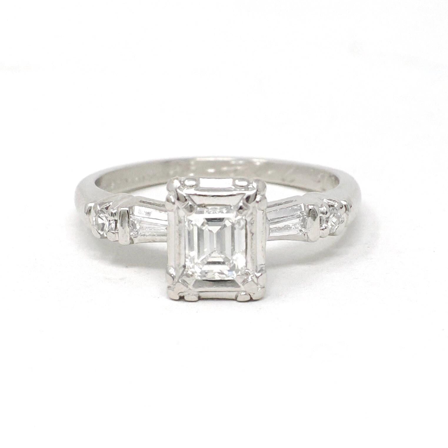 Diamond Engagement Ring - Mid Century Era Platinum .47 CT Emerald Cut & Accents - Engraved Valentine's Day 1958 Fine Illusion Bridal Jewelry