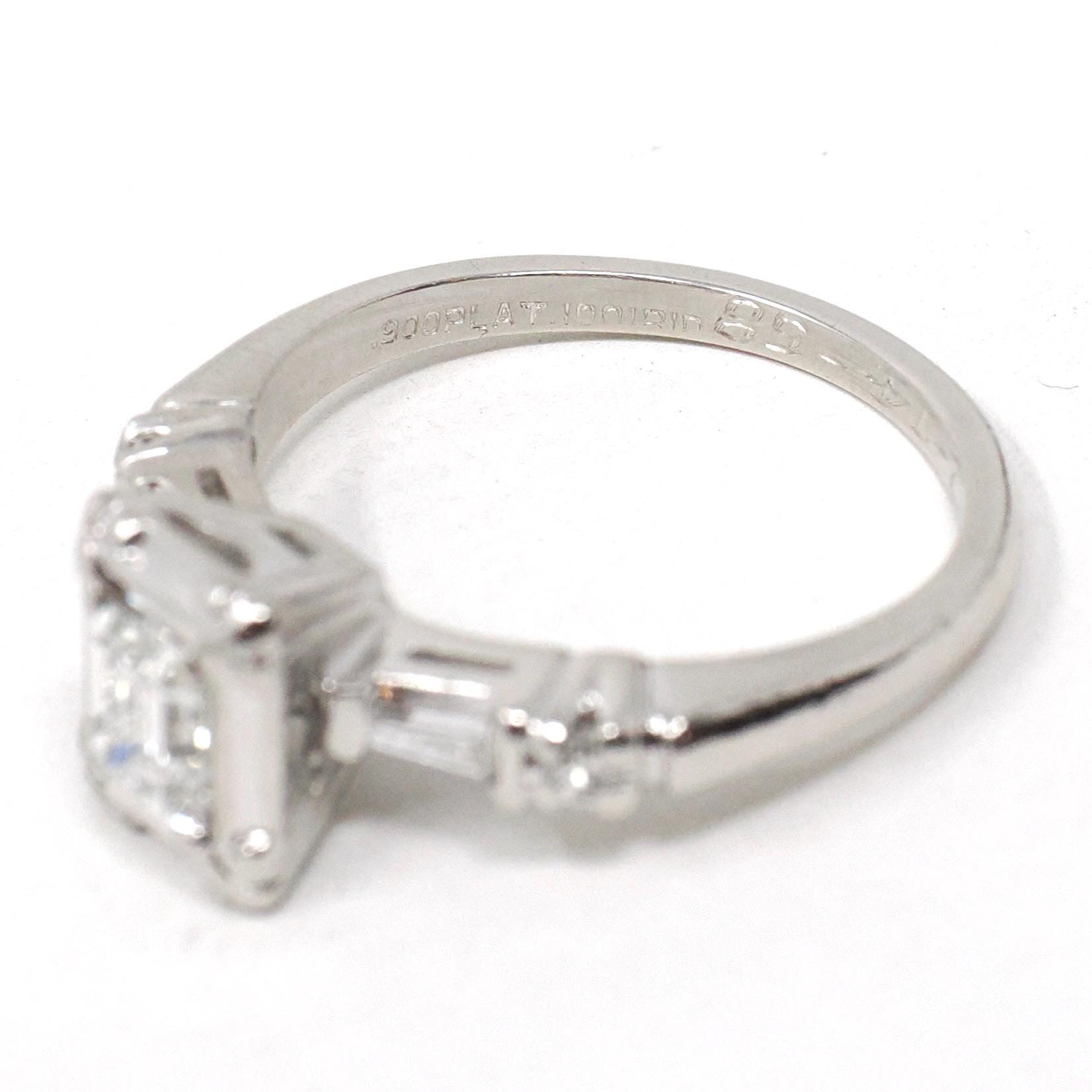Diamond Engagement Ring - Mid Century Era Platinum .47 CT Emerald Cut & Accents - Engraved Valentine's Day 1958 Fine Illusion Bridal Jewelry