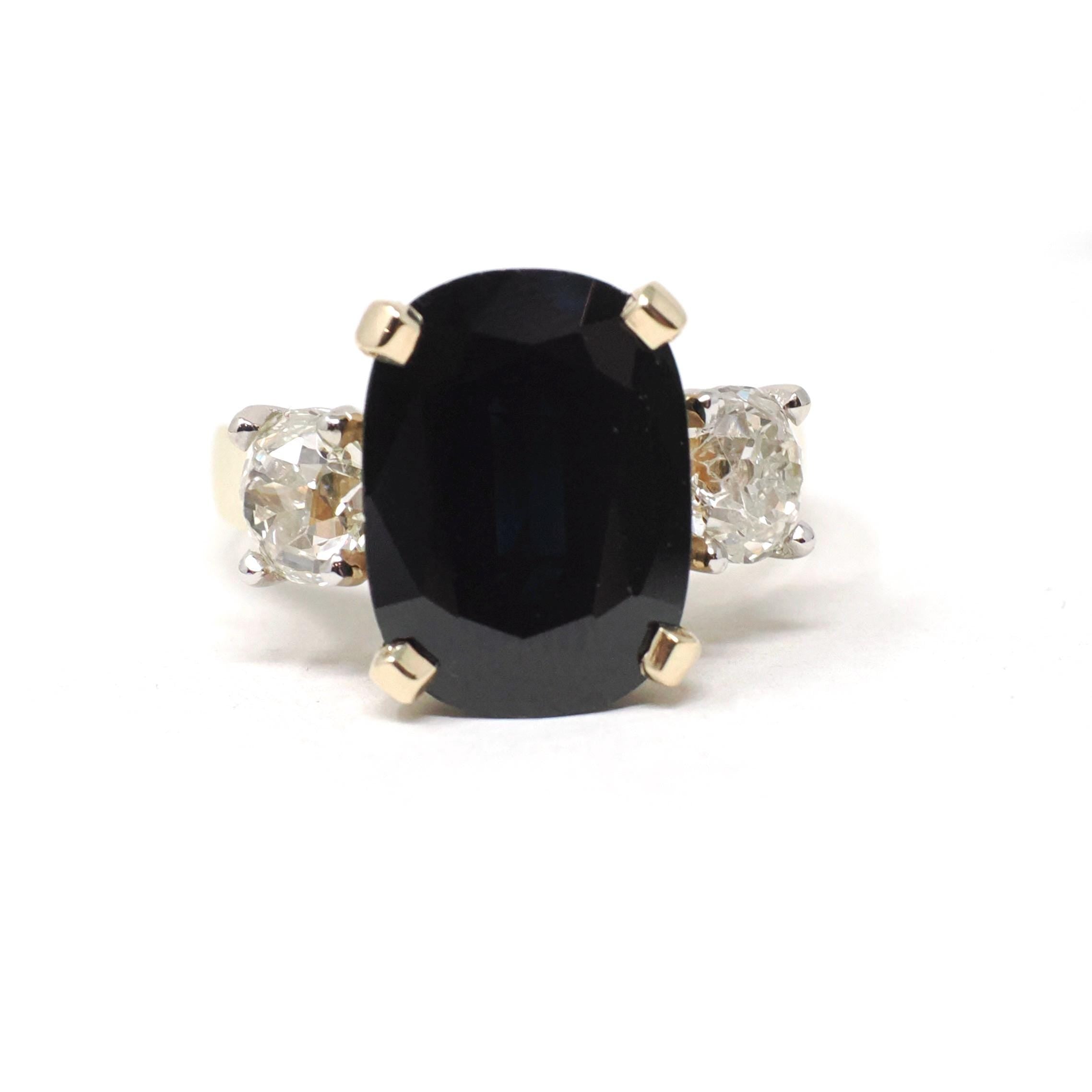 Sapphire & Diamond Ring - Estate 18k Yellow 14k White Gold Natural Blue Gem 1.18 CTW Old Mine Cut - Modern Circa 2000s Size 7 Fine Jewelry