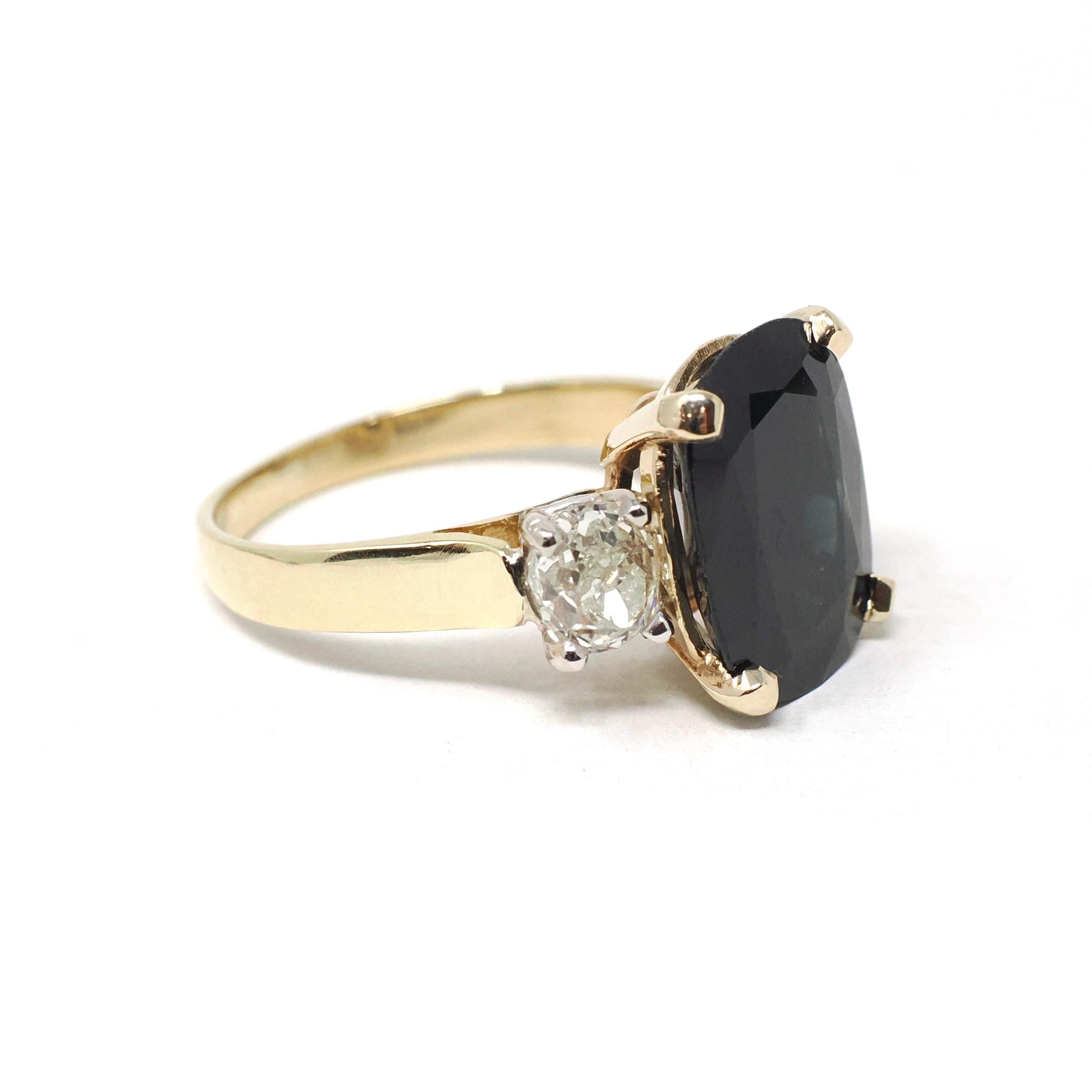 Sapphire & Diamond Ring - Estate 18k Yellow 14k White Gold Natural Blue Gem 1.18 CTW Old Mine Cut - Modern Circa 2000s Size 7 Fine Jewelry