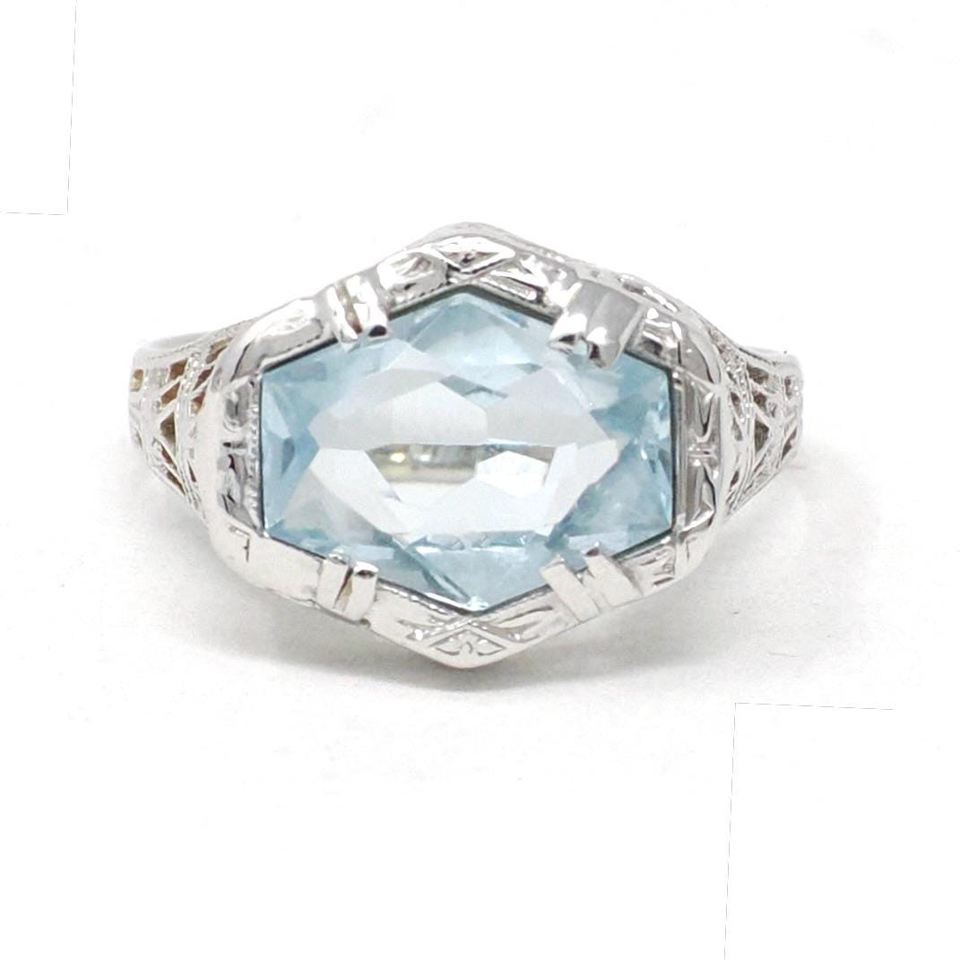Antique Aquamarine Ring - Art Deco Era 18k White Gold Natural Blue Hexagonal Gemstone - Vintage Circa 1920s Size 5 1/2 Filigree Fine Jewelry