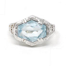 Antique Aquamarine Ring - Art Deco Era 18k White Gold Natural Blue Hexagonal Gemstone - Vintage Circa 1920s Size 5 1/2 Filigree Fine Jewelry