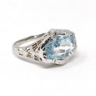 Antique Aquamarine Ring - Art Deco Era 18k White Gold Natural Blue Hexagonal Gemstone - Vintage Circa 1920s Size 5 1/2 Filigree Fine Jewelry