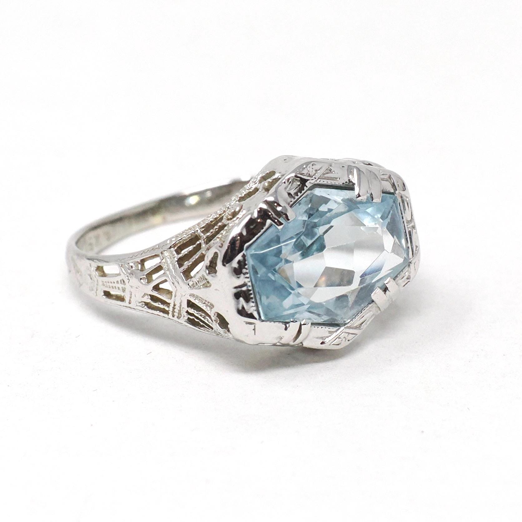 Antique Aquamarine Ring - Art Deco Era 18k White Gold Natural Blue Hexagonal Gemstone - Vintage Circa 1920s Size 5 1/2 Filigree Fine Jewelry