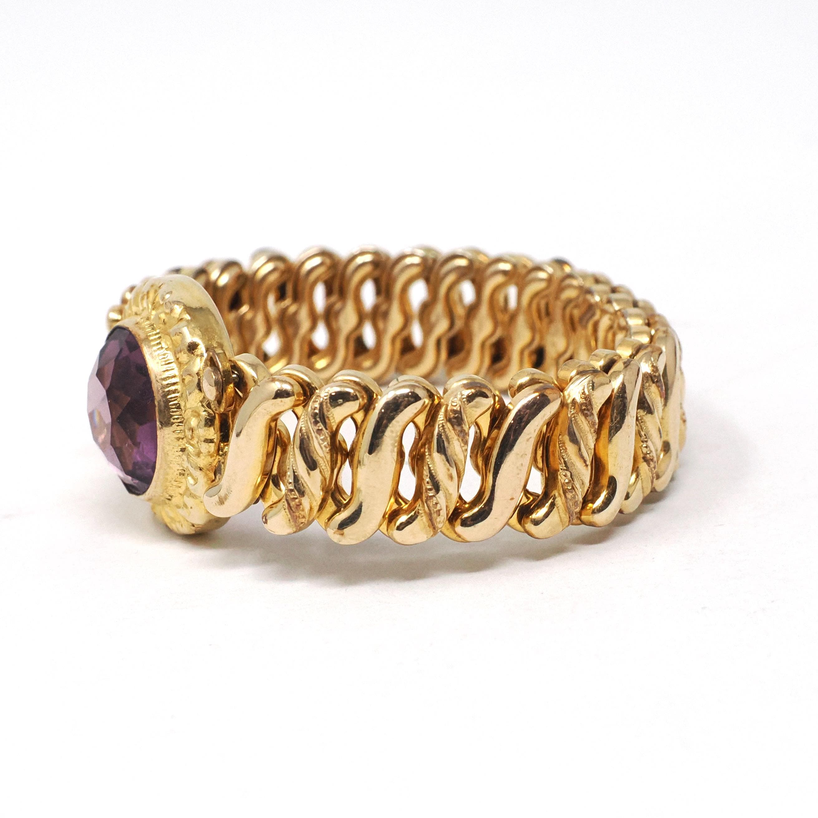 Vintage Expansion Bracelet - Mid Century Gold Filled Simulated Amethyst Purple Glass Stretch Link - Vintage 1940s Signed Carmen Fine Jewelry