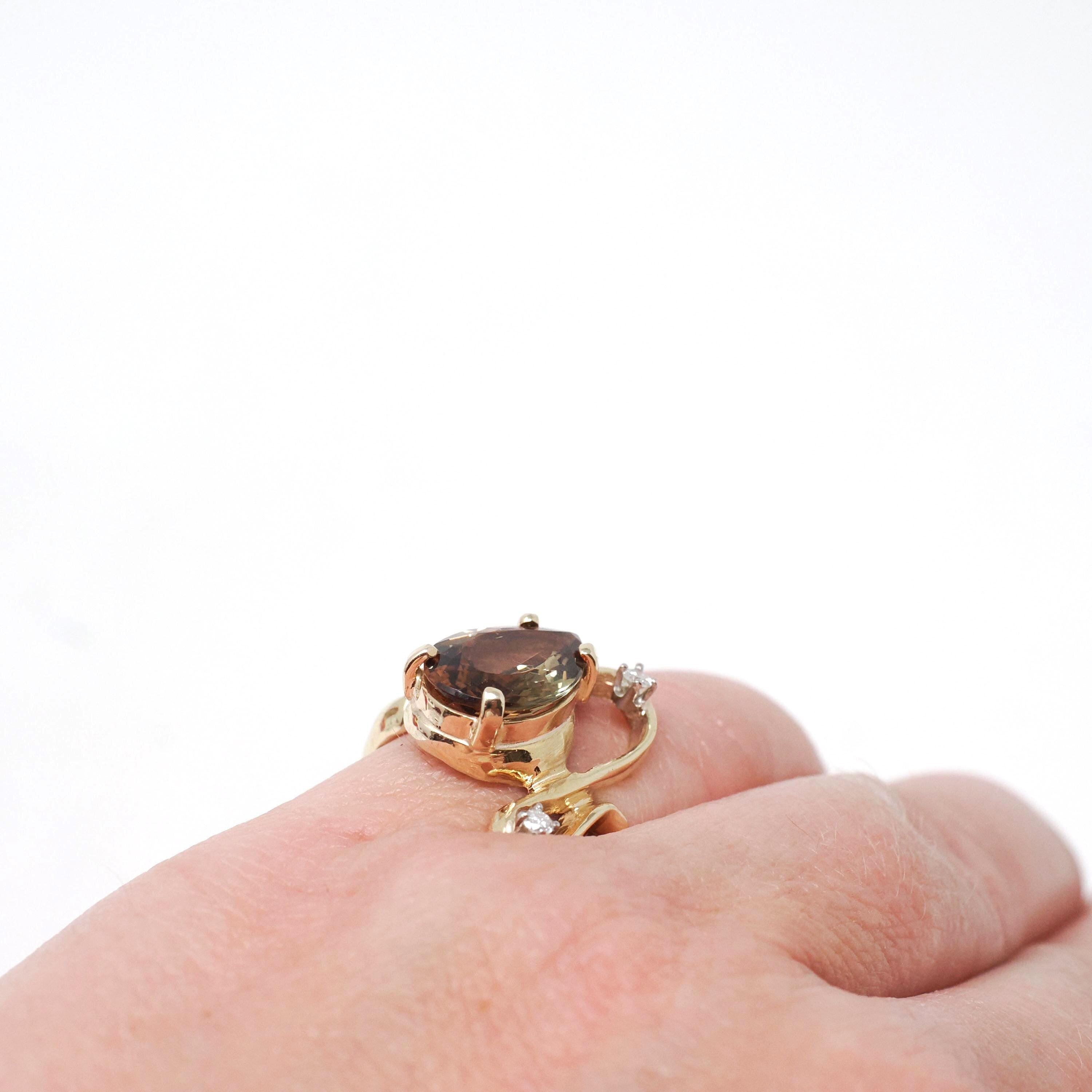 Vintage Andalusite Ring - Retro 14k Yellow Gold Freeform Pleochroic Gemstone Natural Diamonds - Circa 1970s Green Orange Size 5 1/2 Jewelry