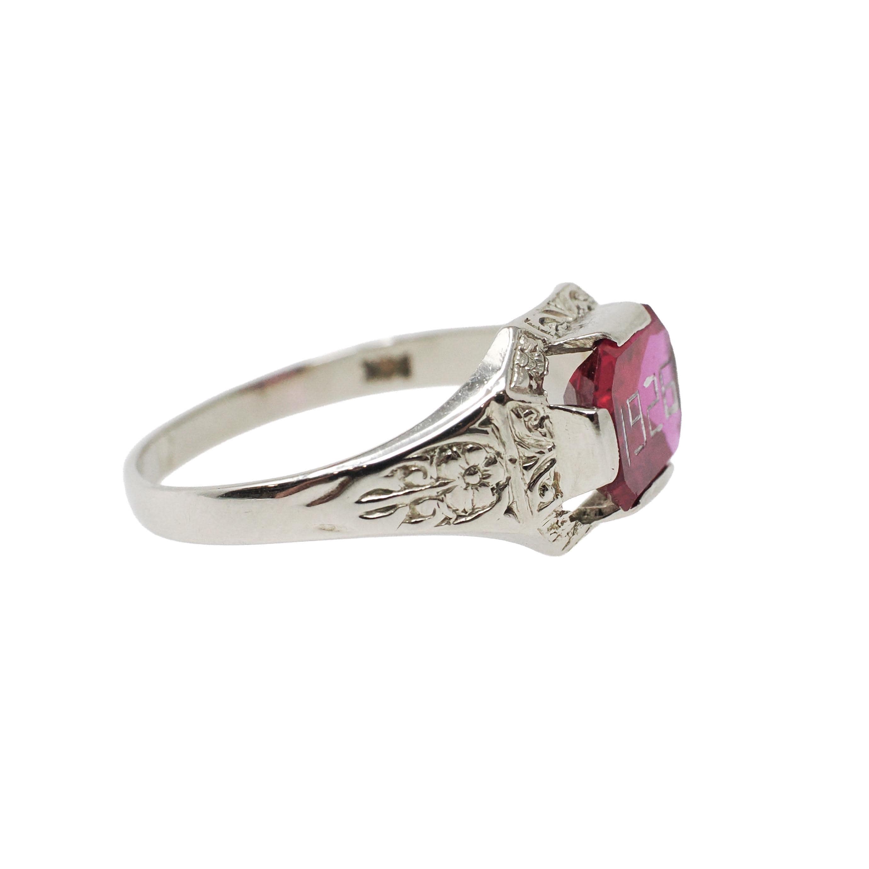 Art Deco "1926" Ring - Antique 14k White Gold Created Ruby Gemstone - Vintage Circa 1920s Size 6 3/4 July Birthstone Flowers Fine Jewelry
