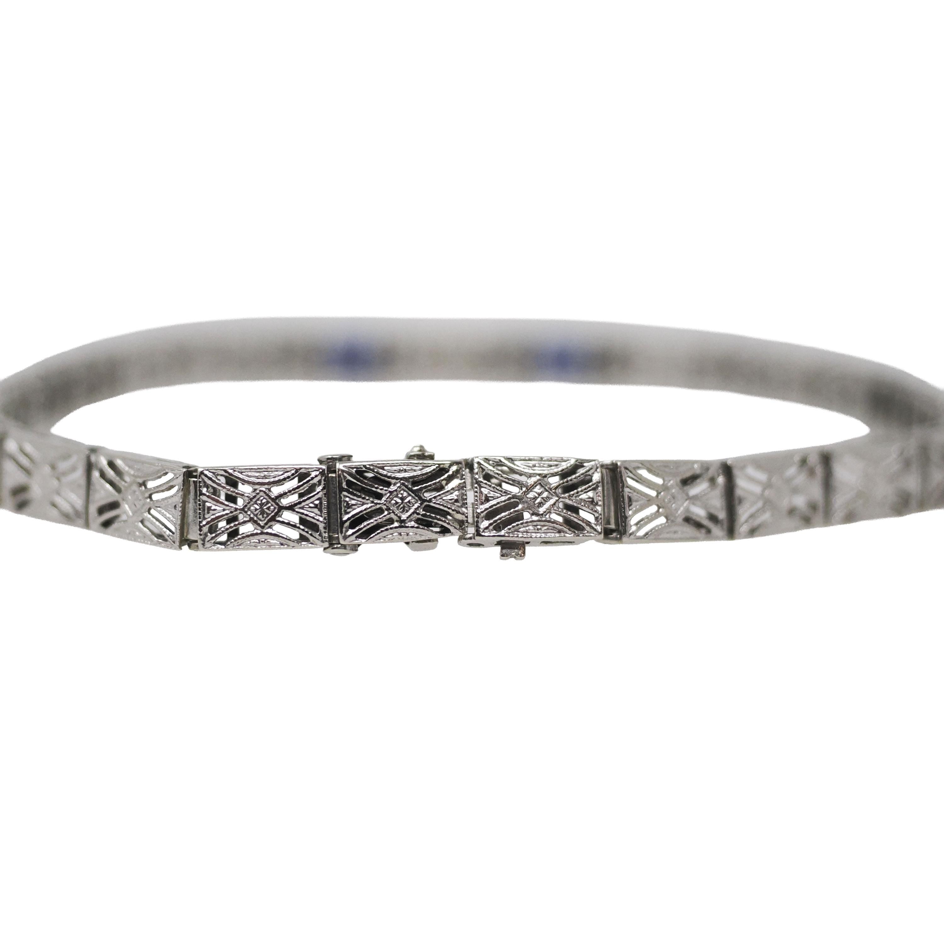 Art Deco Bracelet - Vintage 14k White Gold Filigree Created Blue Sapphires - Circa 1930s Wedding Filigree Panel Die Struck Fine 30s Jewelry