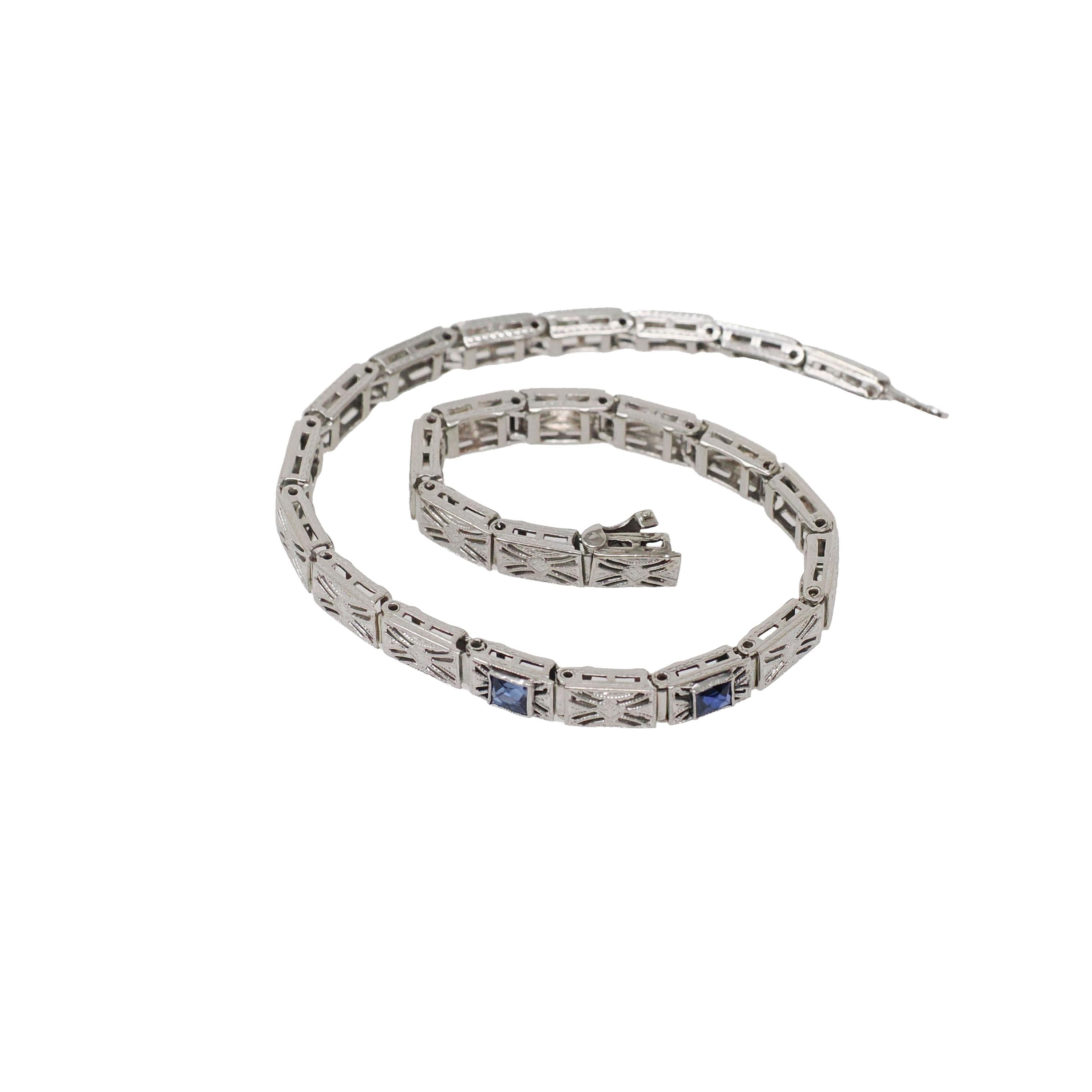 Art Deco Bracelet - Vintage 14k White Gold Filigree Created Blue Sapphires - Circa 1930s Wedding Filigree Panel Die Struck Fine 30s Jewelry