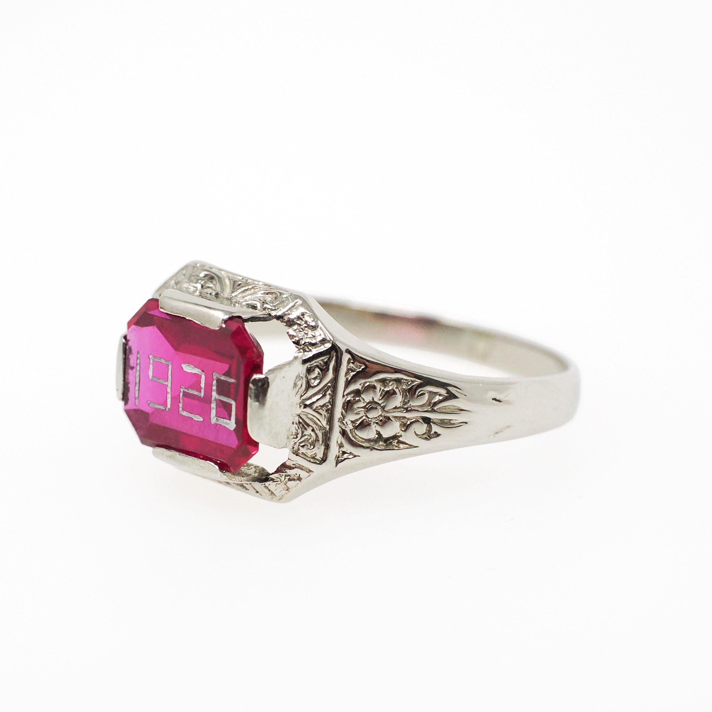 Art Deco "1926" Ring - Antique 14k White Gold Created Ruby Gemstone - Vintage Circa 1920s Size 6 3/4 July Birthstone Flowers Fine Jewelry